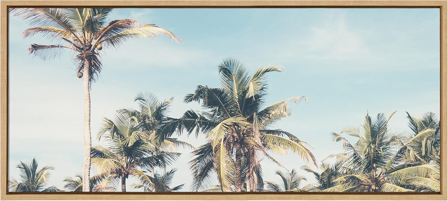 Kate and Laurel Sylvie Coastal Coconut Palm Tree Beach Framed Canvas Wall Art by The Creative Bunch Studio; 18 x 40; Natural; Beach Inspired Coastal Home Décor