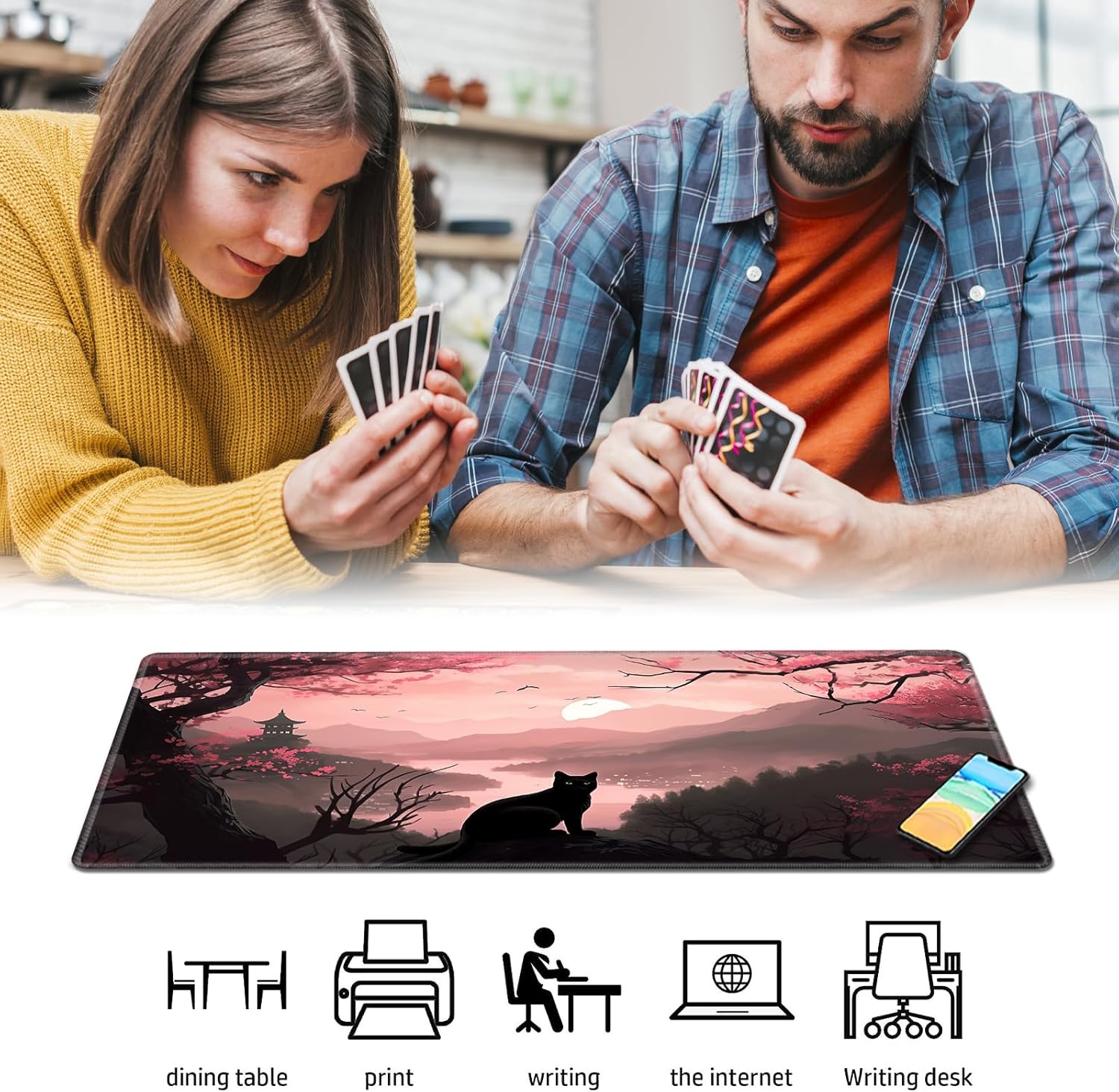 Playmat for MTG,Game Mat 24 x 14 inches, Non Slip Rubber Backing TCG and Board Game Mat for Cards,Mousepad Desk Mats-Black Cat Tower