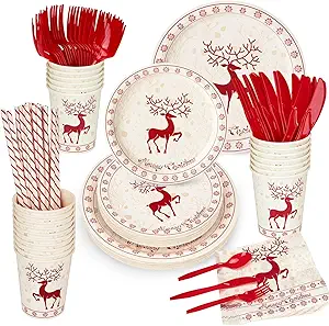 GarveeHome 215 Pcs Christmas Plates and Napkins Set Serve 25, Christmas Elk Disposable Tableware Set, Decorations Includes Plates, Cups, Napkins, Tableware