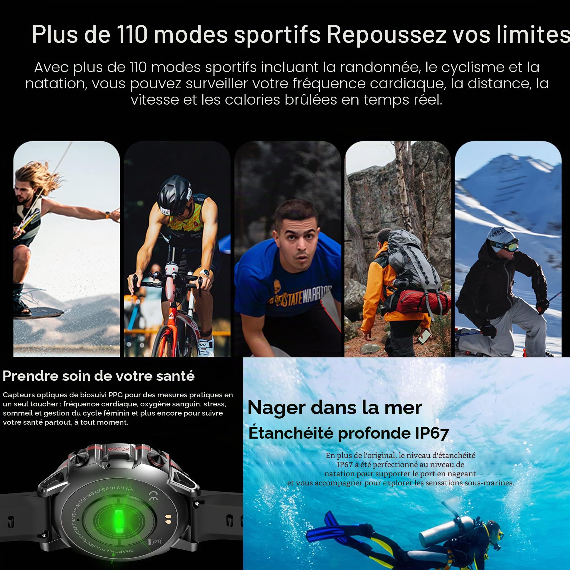 Montre connectée Homme avec Appels Bluetooth et SMS, 1,43" AMOLED Smartwatch avec 110+ Modes Sportifs 5ATM Étanche, Tracker d'activité, Sommeil, Fréquence Cardiaque, SpO2 pour iOS Android (Argent)