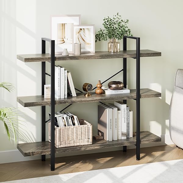 OtterOasis Heavy Duty Industrial Bookcase, 47 Wide Wood Bookshelf for Home Office, 120lbs Shelf Capacity, Rustic Open Sh