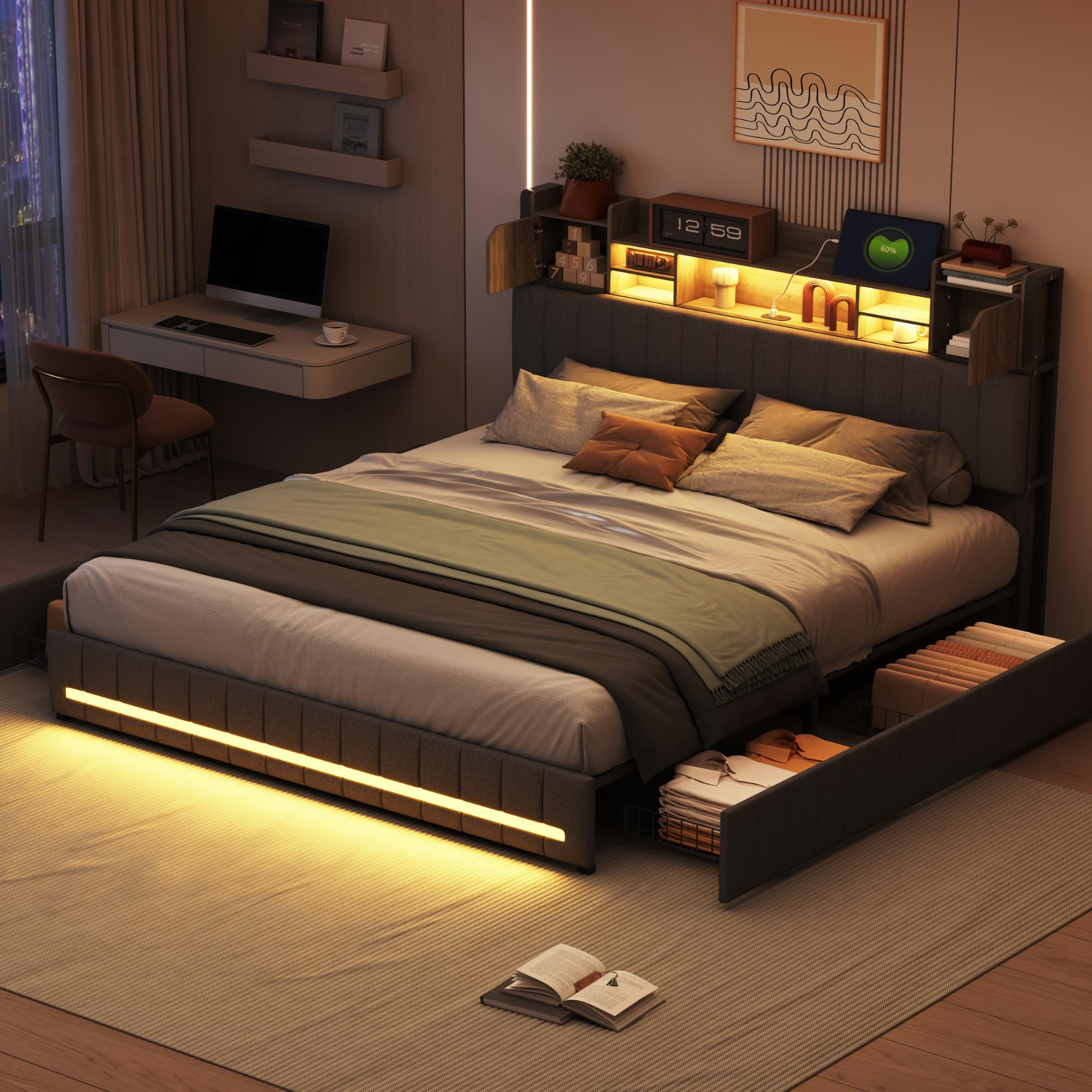 LIVLUX Letto 160 x 200 con Sommier LED e USB, Letto Matrimoniale Imbottito con Sommier a Doghe e 4 Cassetti, Testiera con Spazio di Archiviazione, 2 Posti per Adulti e Adolescenti, Lino (Grigio, 160 x