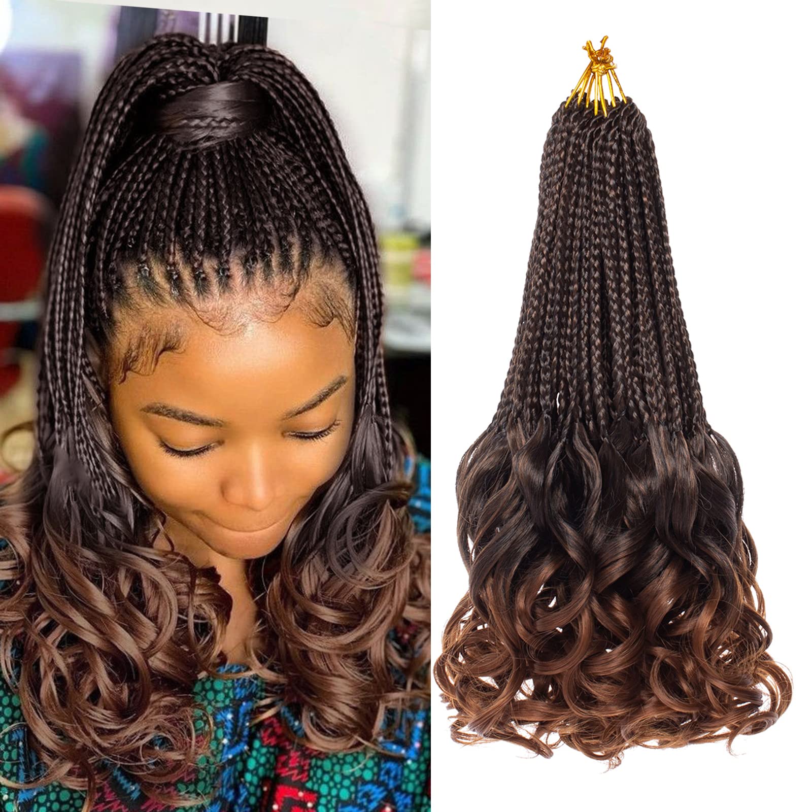 RuiYok 14 Inch Ombre Brown French Curl Crochet Braids 9 Packs Goddess Box Braids Crochet Hair with Curly Ends Pre Looped Bohemian Braiding Hair for