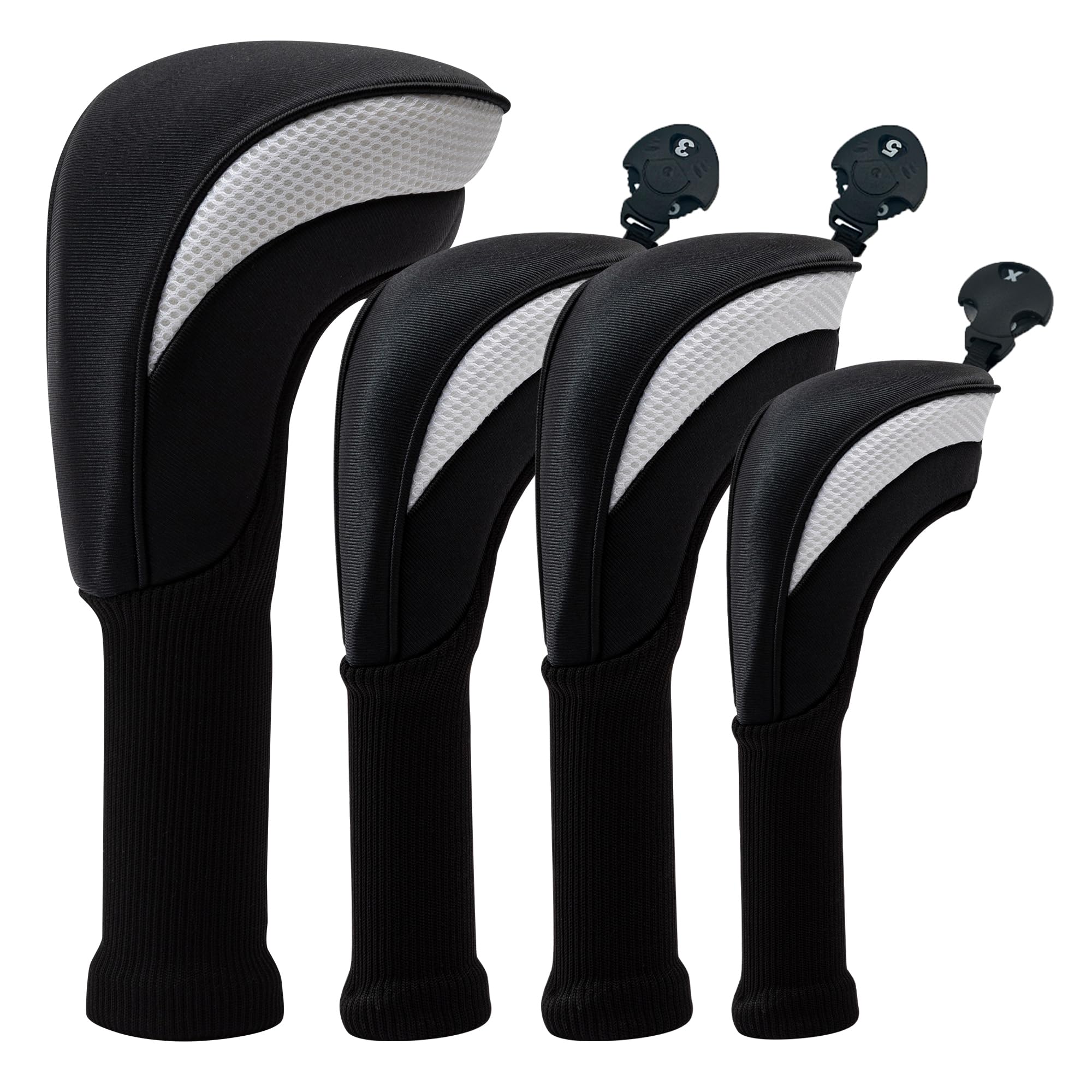 Golf Club Head Covers for Fairway Woods Driver Hybrids 4 Pieces Long Neck Mesh Sports Fan Golf Club Headcovers Set with Interchangeable No. Tags 3 4 5 6 7 X Golf Accessories for Men Women.