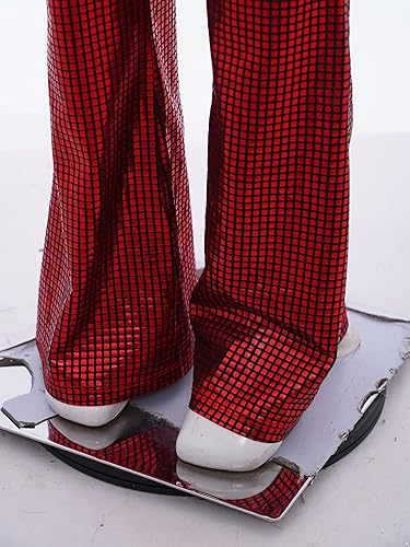 FEESHOW Girls Metallic Plaid Mesh Splice Dance Unitard Long Flared Sleeve Bell Bottom Jumpsuit Full Body Disco Romper Red 12 Years