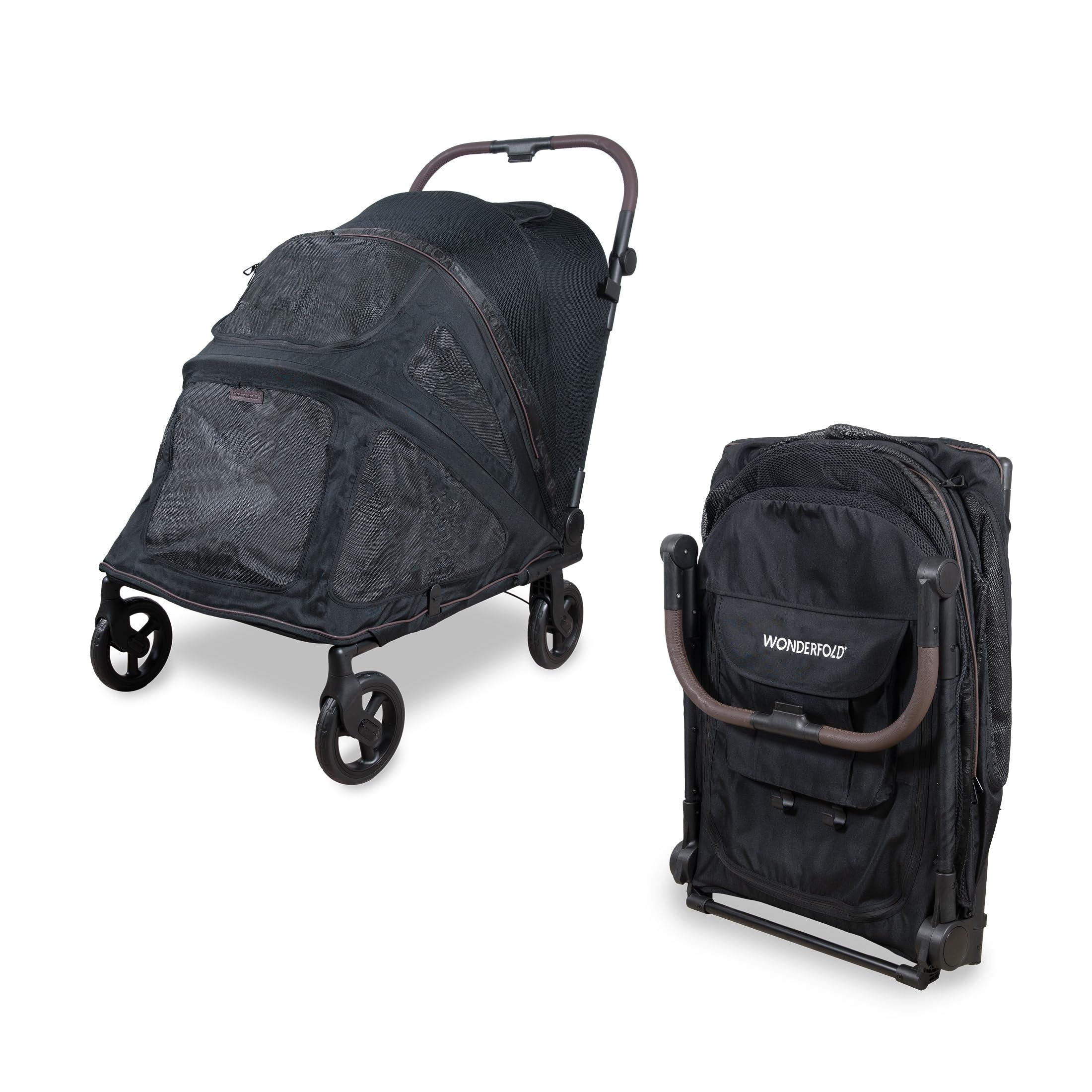 Wonderfold PFL Pet Large Premium Flat Fold Stroller – faltbarer Hundebuggy bis 45?kg, All?Terrain Räder, großer Einstieg, atmungsaktive Netze, flach faltbar – Jet Black