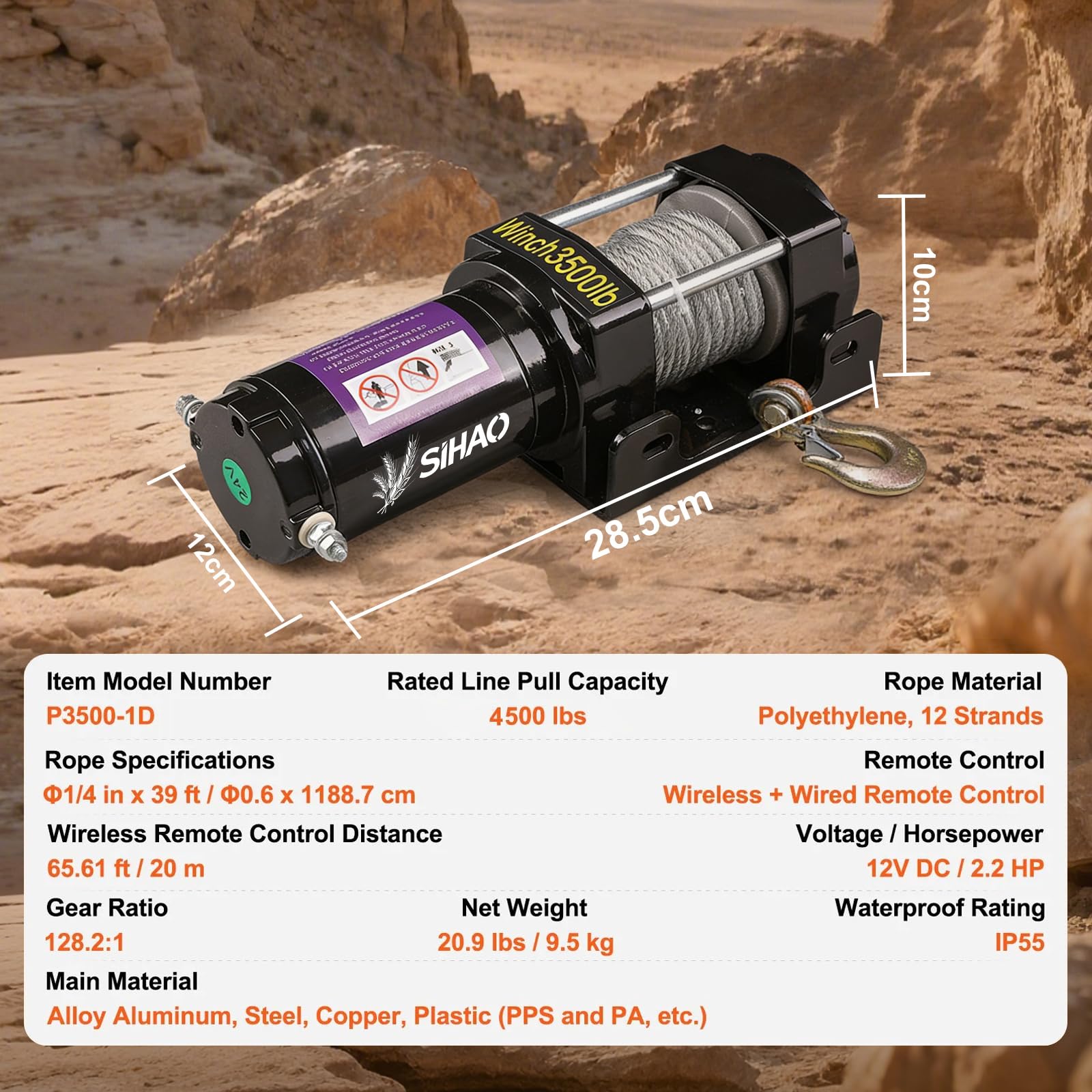 Winch Cabrestante Eléctrico Polipasto Eléctrico 4500 LBS,12V,IP67 Impermeable,Cable de Acero Inalámbrico + Mango,Doble Uso,Compatible para RV/Off-road Vehicle/Camper Van,etc