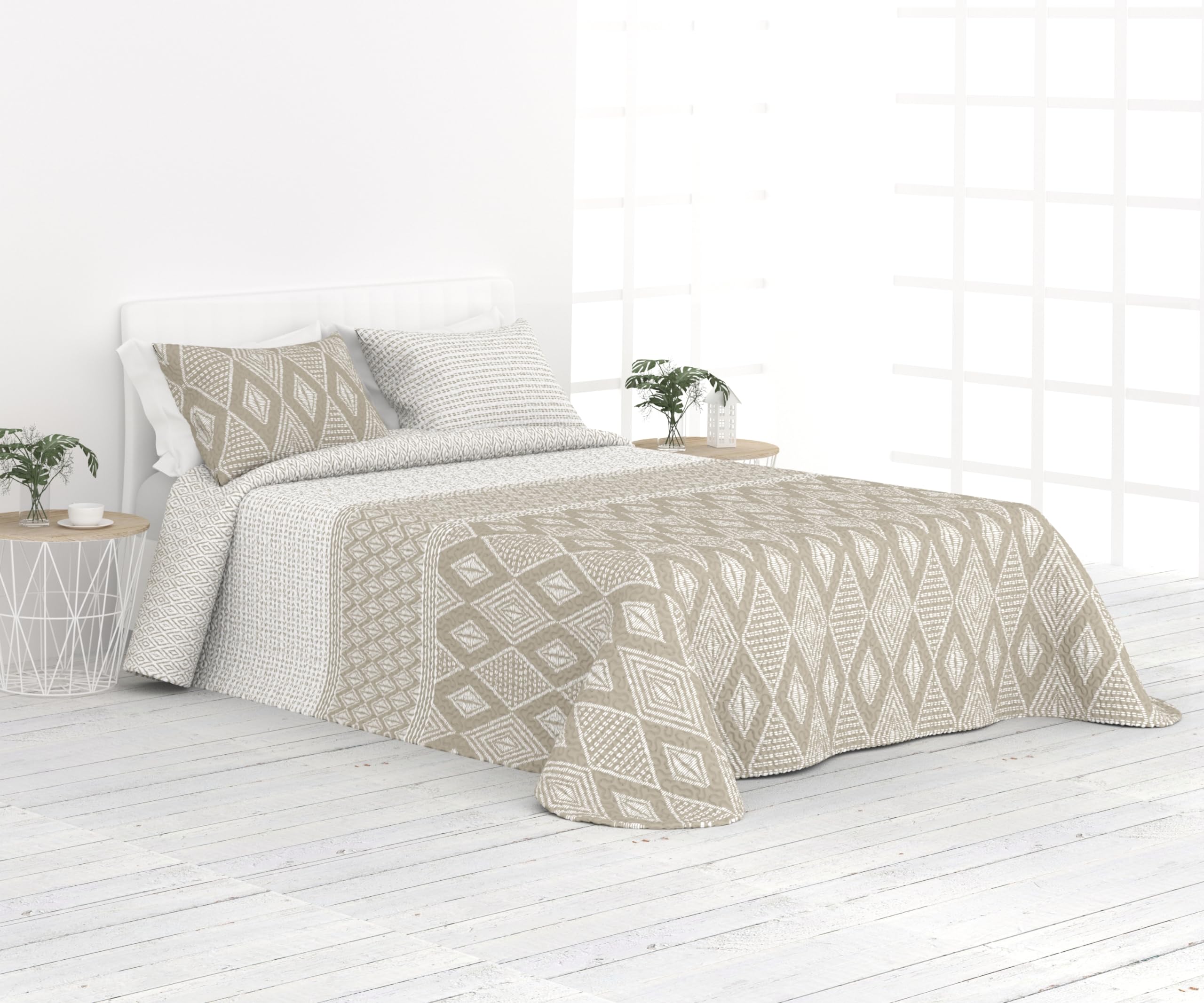 Liniva Home Colcha Fina Reversible de Verano y Primavera. Colcha con Funda DE COJÍN. Cubrecama Elegante de Microfibra Extra Suave. (Boho - Beige - Cama 135 cm)
