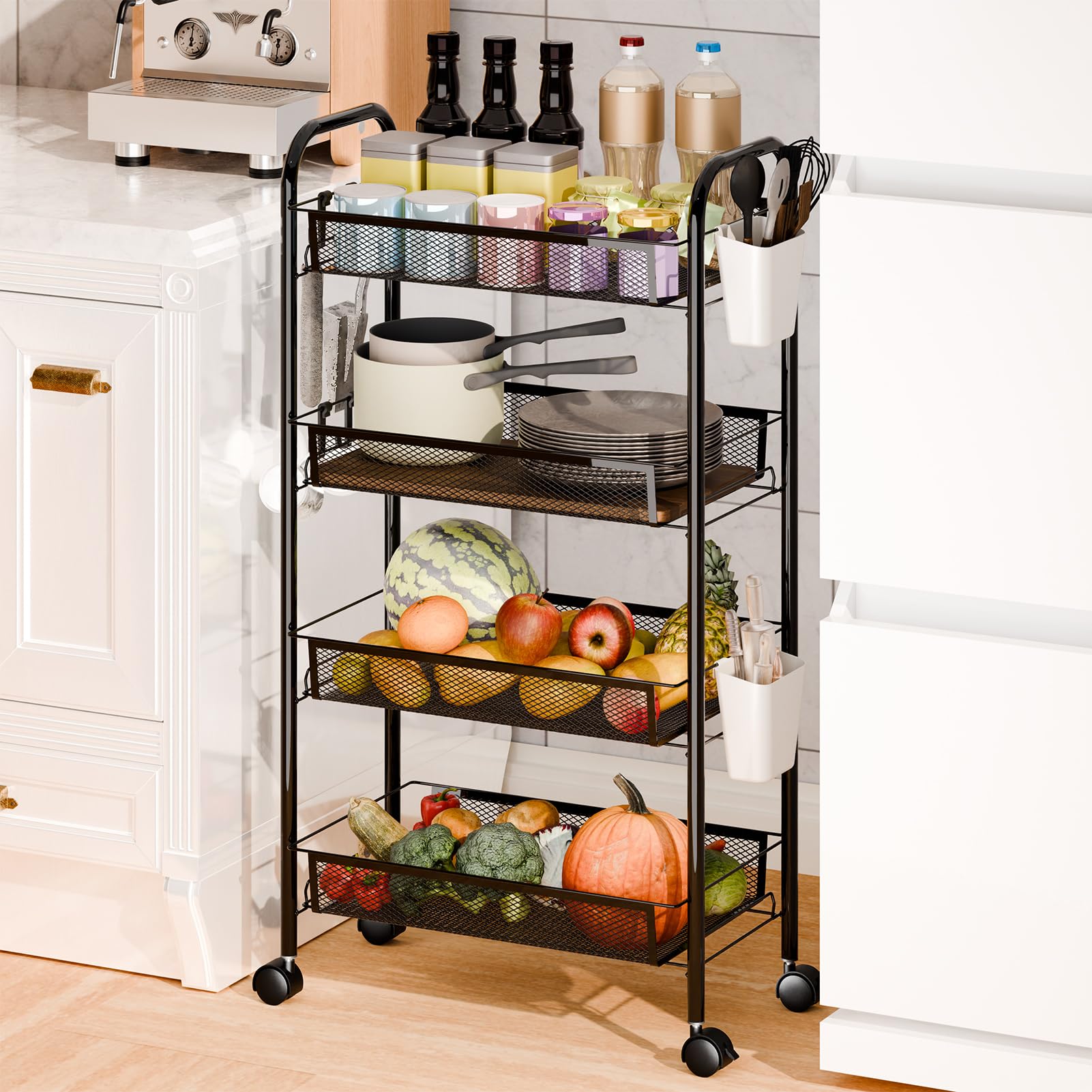 woshapce 5 Tier Kitchen Trolley, Metal Mesh Vegetable Rack for Kitchen, Veg Rack with Detachable Vegetable Baskets, Storage Trolley Cart for Kitchen, Bathroom, Living Room (Black 4-tier)