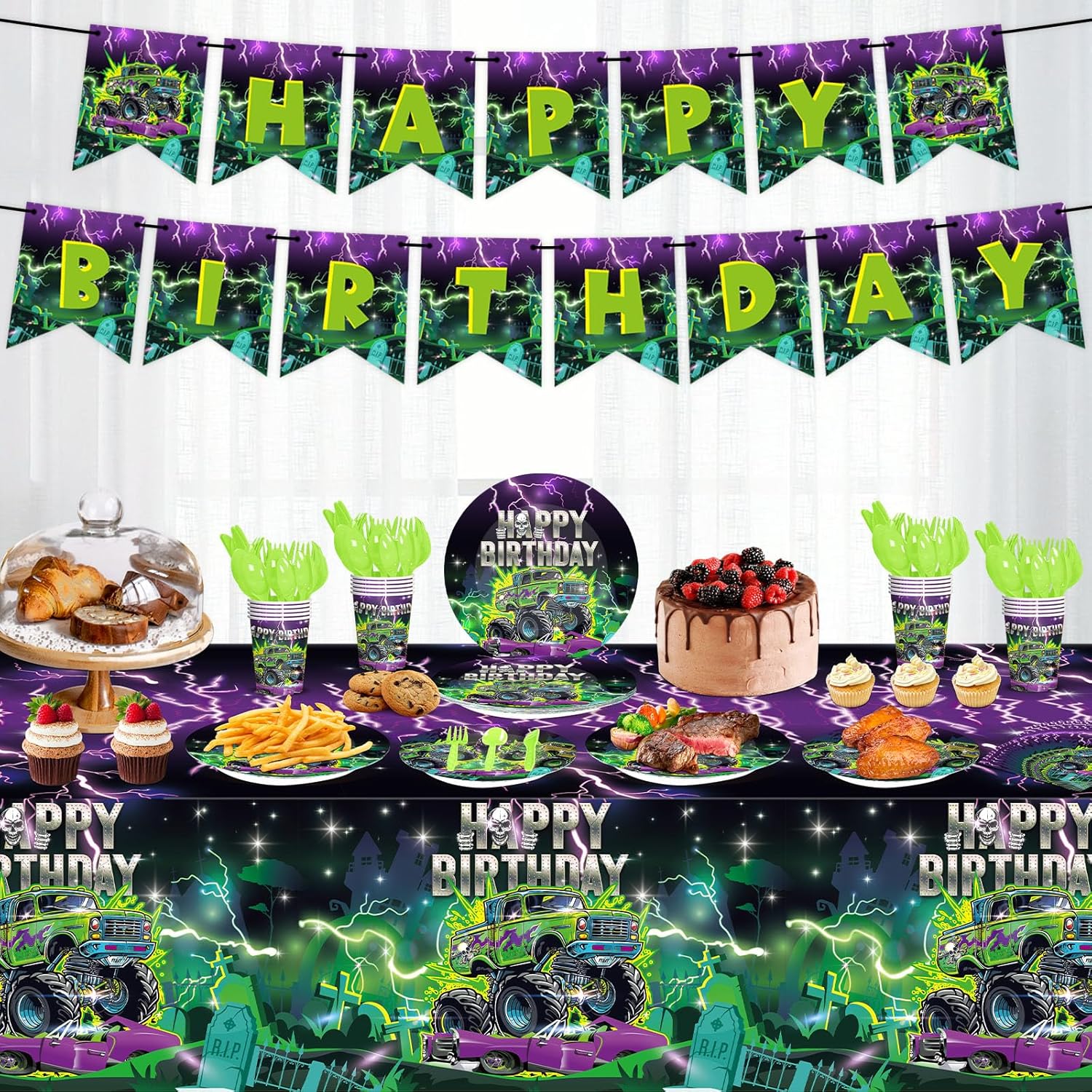 Qinyoung 172 Pcs Monster Truck Birthday Party Decorations Set Purple and Green Truck Birthday Tableware Tablecloth Hanging Banner Disposable Dinnerware Serves for 24 Guests Bday Party Supplies