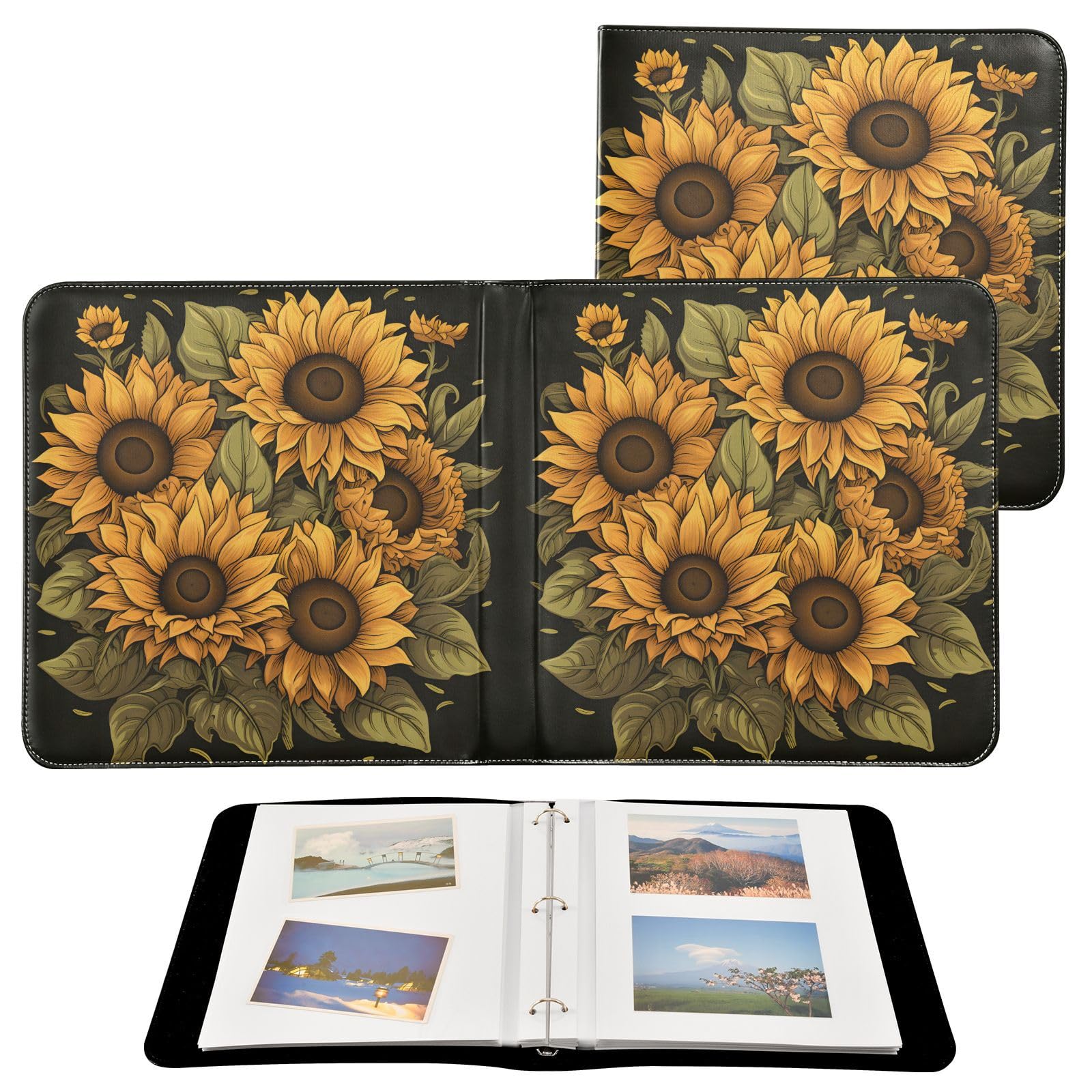 JIPONI Sunflowers3 Large Photo Album, DIY Leather Cover Scrapbook Albums for 4x6 5x7 6x8 Pictures, Self Adhesive Memory Book for Wedding, Baby, Family