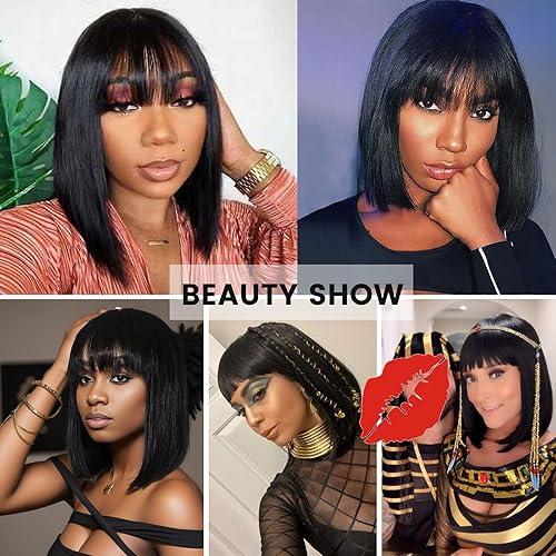 Miniatura 7 de LINGDORA Peluca Bob negra para mujer, pelucas de cabello corto lacio natural de 14 pulgadas con flequillo plano, fibra sintética sedosa resistente