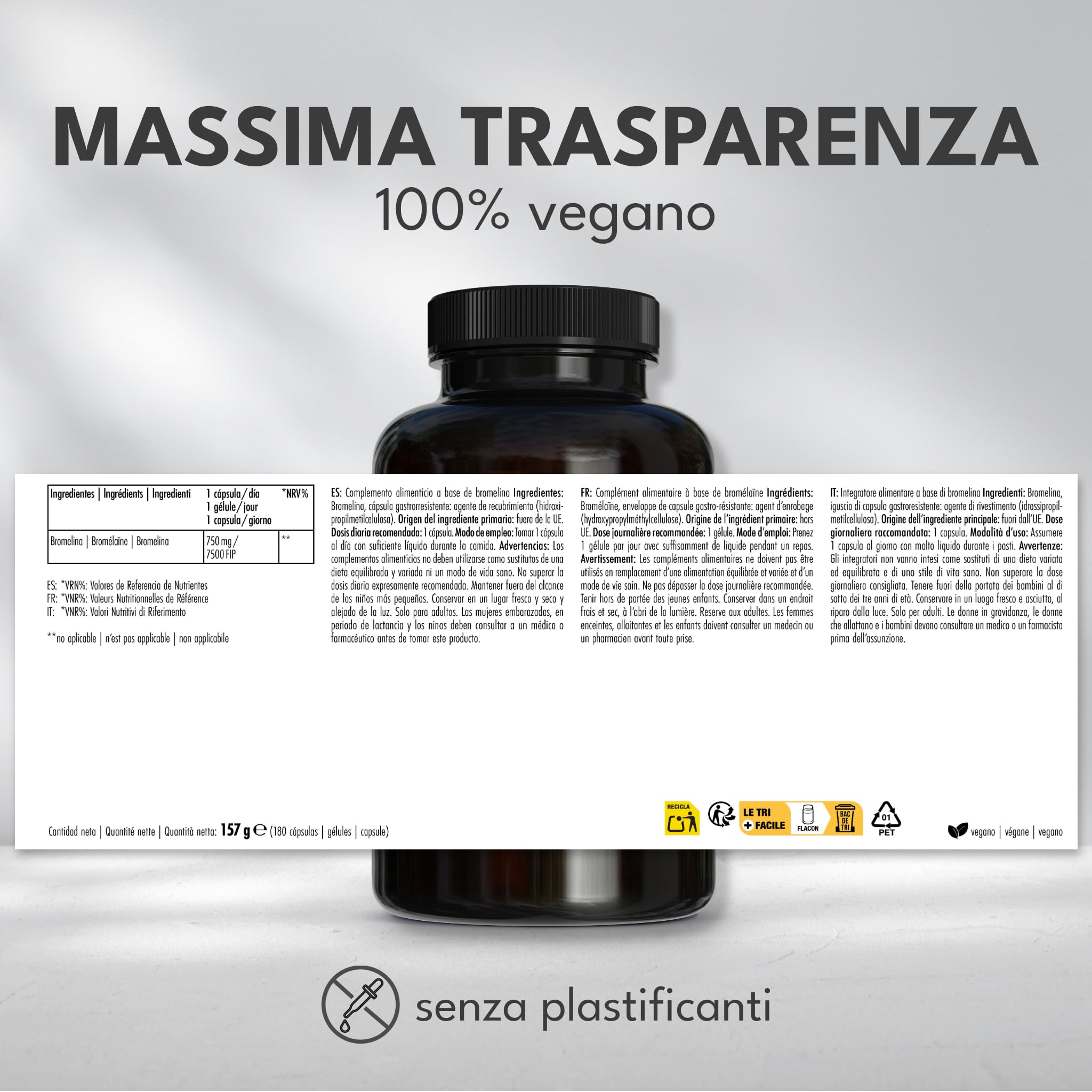 Green Naturals® Bromelina ad alto dosaggio – 180 capsule (6 mesi) – 750 mg da estratto naturale di ananas (5.000 GDU/g) – Capsule gastroresistenti DR Caps – Vegane & testate in laboratorio