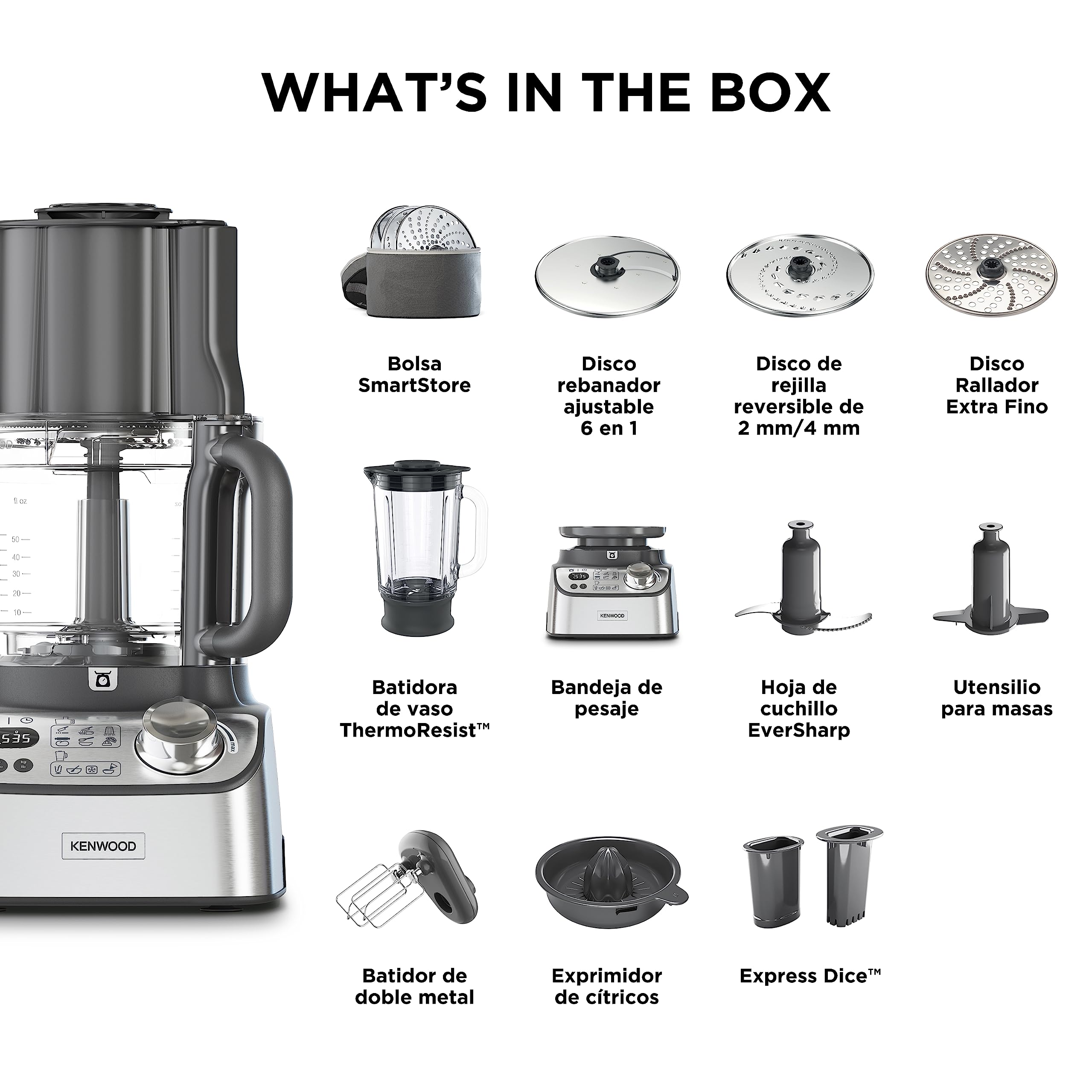 Kenwood MultiPro XL Weigh+ FDM72.990SS - Robot de cocina compacto con báscula y temporizador integrados, ExpressDice, depósito de trabajo de 3 l, velocidad variable, compartimento de llenado XL, 1000