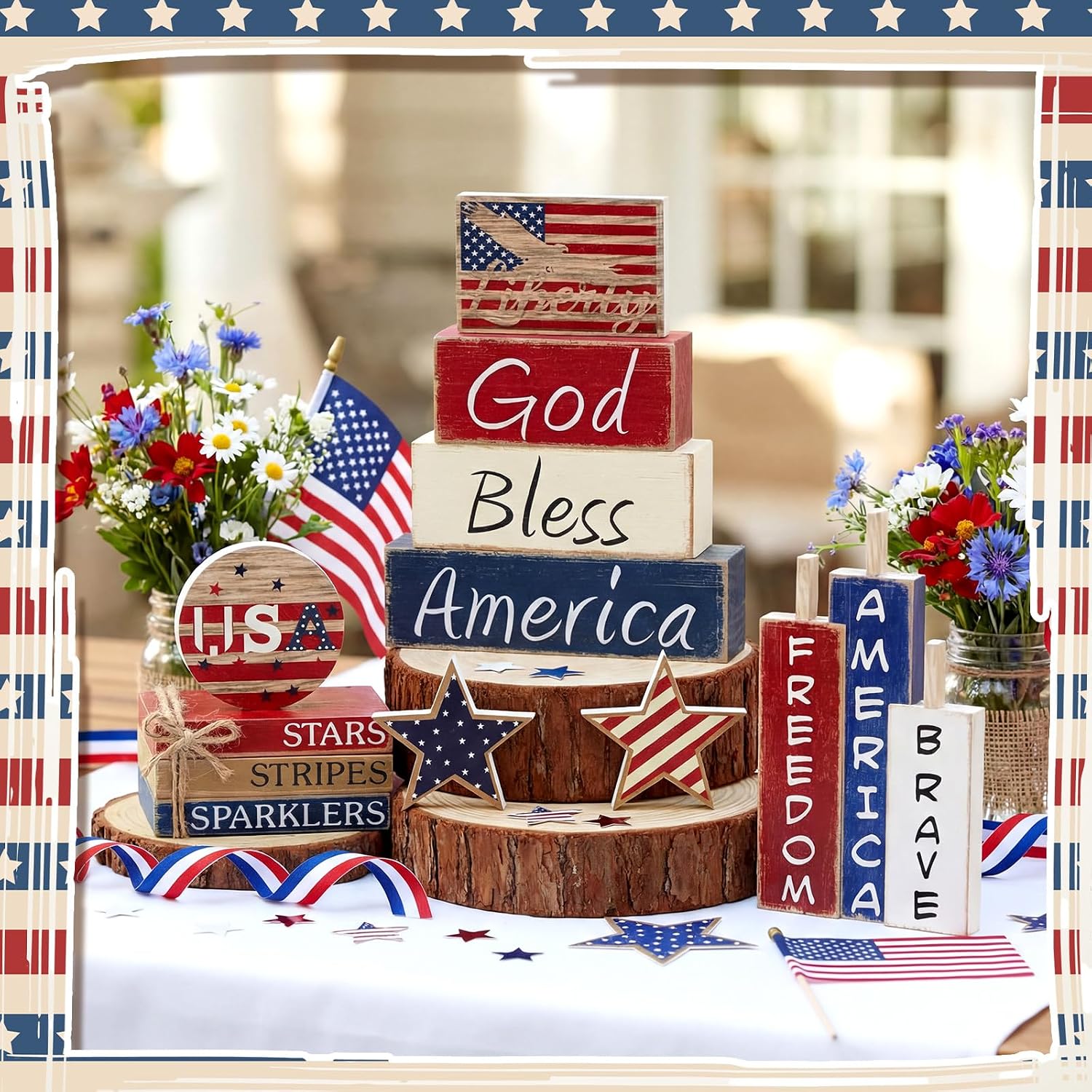 Vercraft 11 Pcs 4th of July Table Decorations Set Patriotic Tiered Tray Decor Set Blue Red White Table Centerpieces Sign for 4th of July Office Home Shelf 250th Anniversary