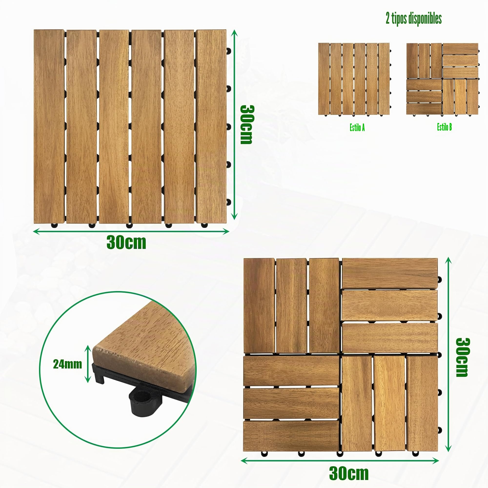 Baldosas de Madera de Acacia para Terraza 30x30cm Losetas Placas con Red de Drenaje de Plástico Resistentes a Intemperie Juego de 11 Revestimientos para Suelo de 1m² Exterior Balcón (Tipo B)