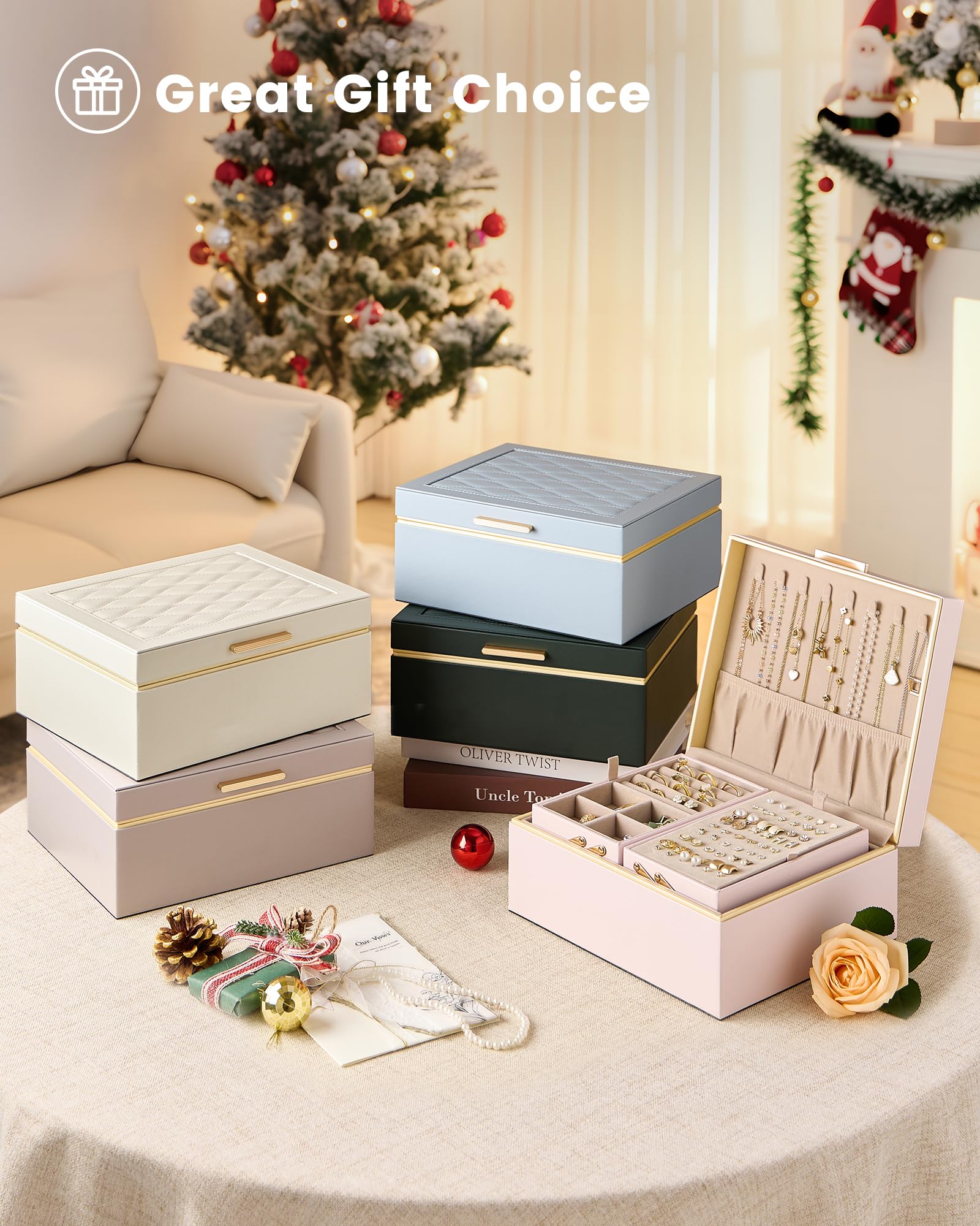 Lolalet Jewelry Box Organizer for Women Girls, 2 Layer Jewelry Organizers and Storage for Necklace Earrings Rings Bracelets, Large Jewellery Holder Case Birthday Christmas Gifts -Cream