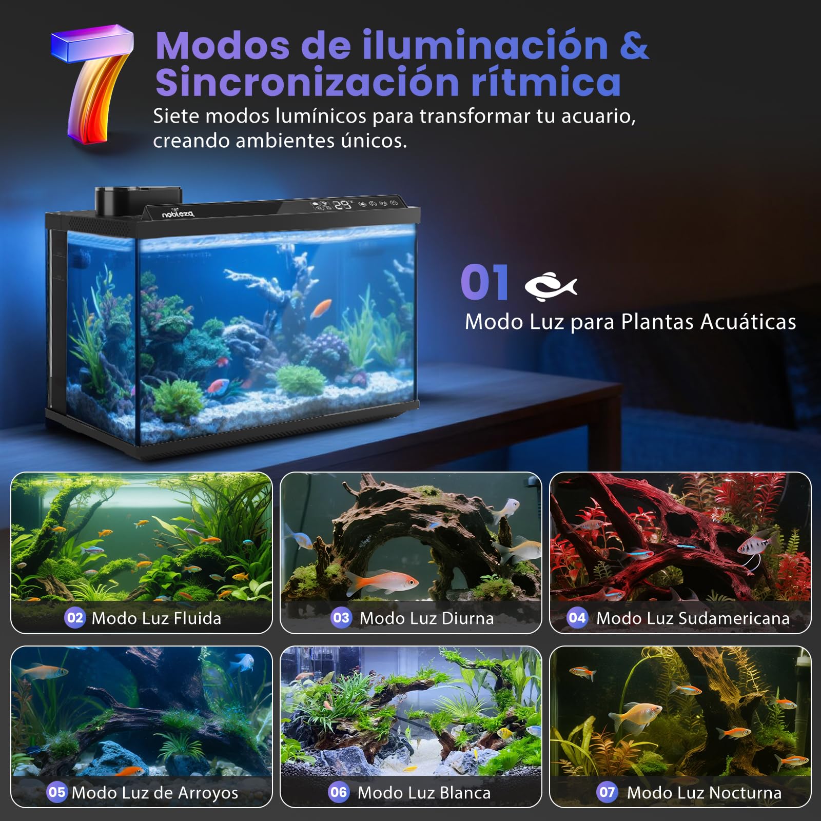 Nobleza Acuario Inteligente 30L - Control por App - Pecera Inteligente con Triple Filtración, Alimentación Remota, Drenaje Automático en 1 Toque - Color Negro