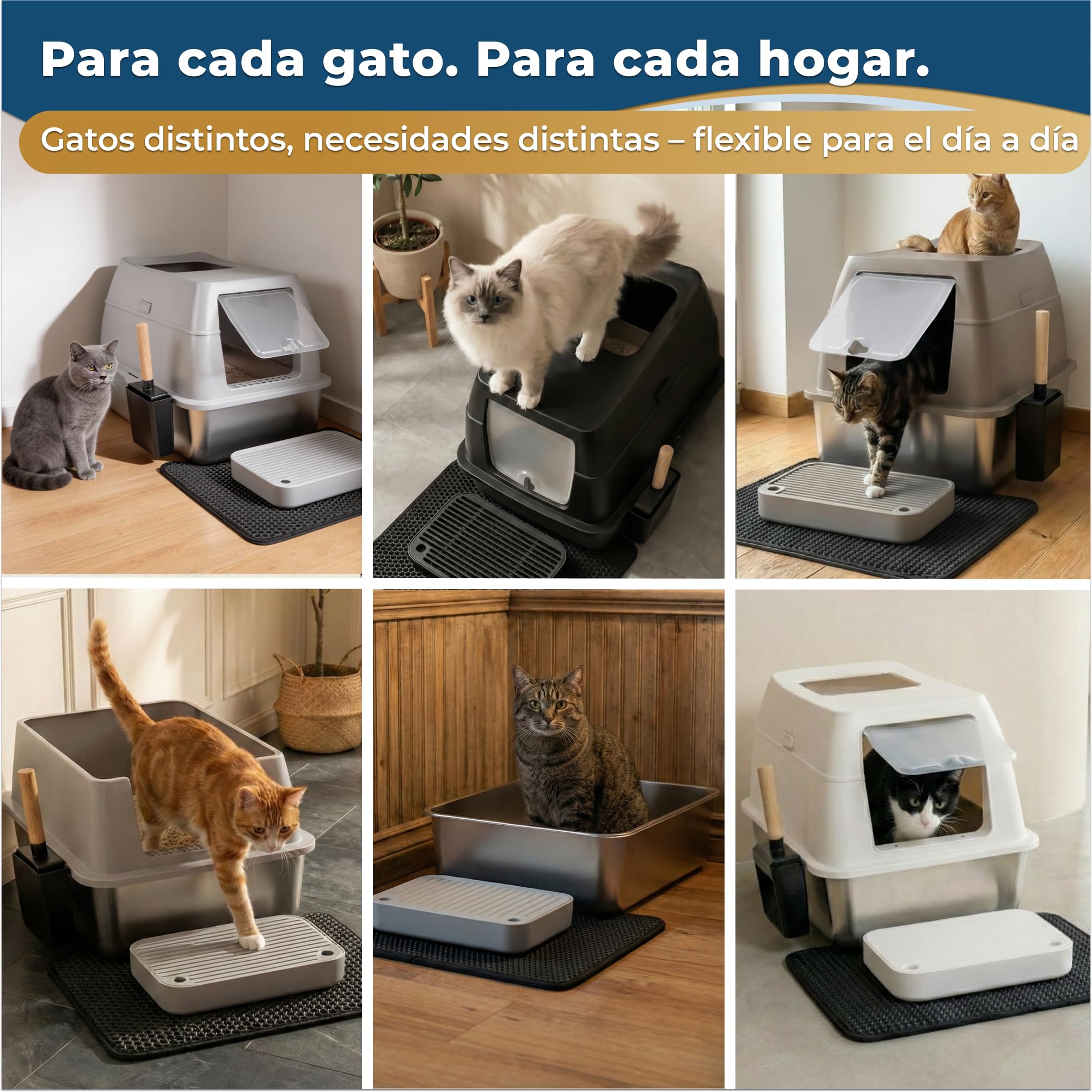 Arenero Gato Acero Inoxidable XXL – Arenero Acero Inoxidable Cerrado de Doble Entrada con escalón, Pala y Alfombrilla – Fácil de Limpiar, antiolores, Caja de Arena para Gatos Grandes - Beige