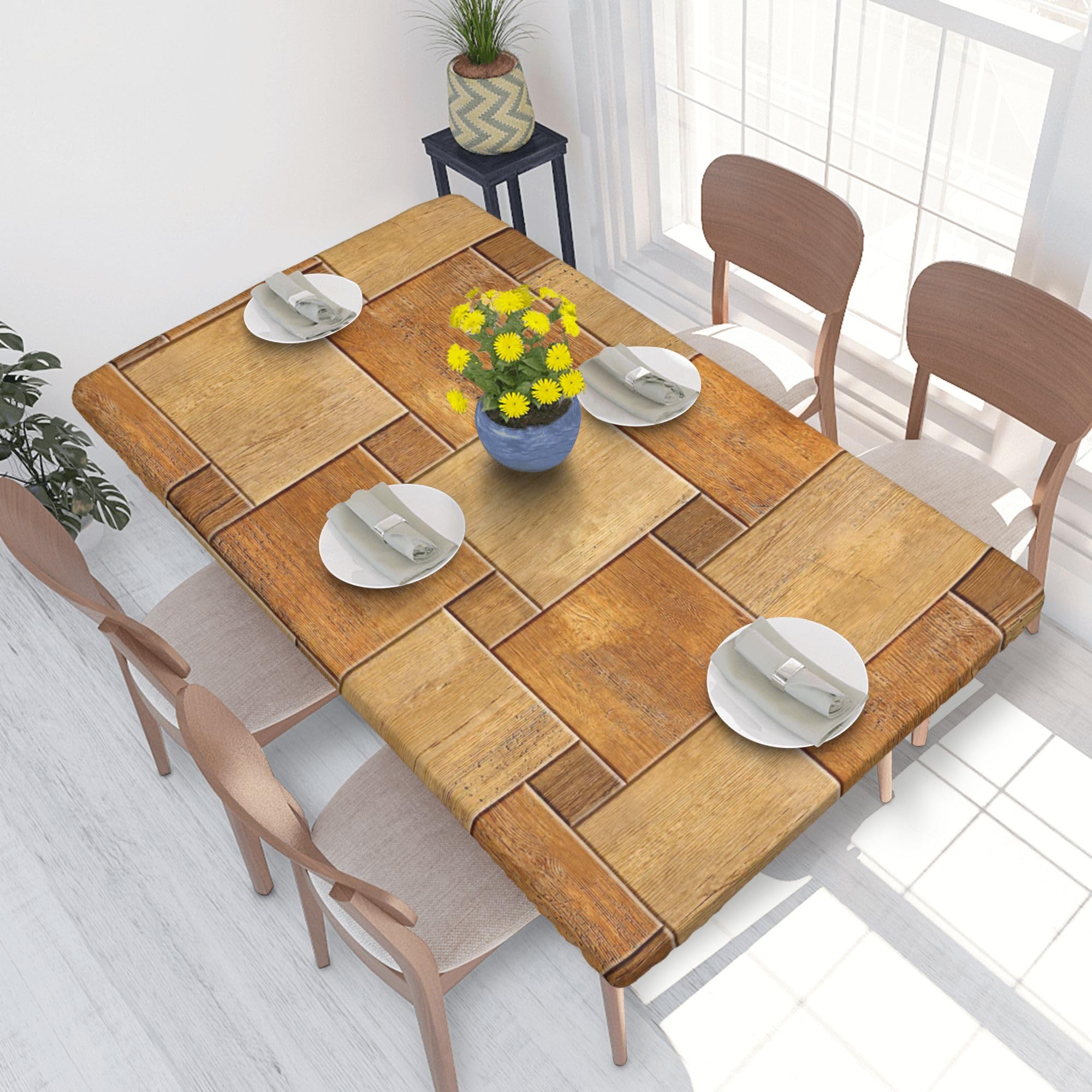 Nappe extensible motif bois 122 X 126 cm imperméable housse table élastique anti-huile blanc