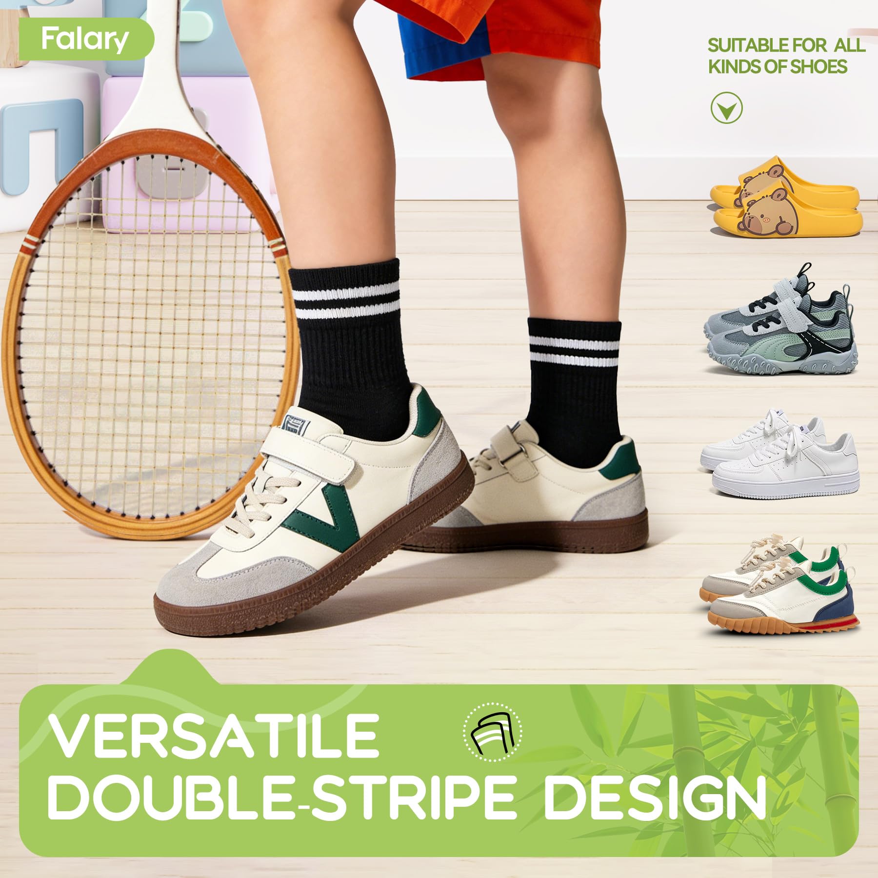 FALARY Bambú Calcetines Niño Niña Calcetines Deporte Tenis Correr 6 Pares | Negros Blancos Gris, Transpirable, Antimicrobiano, Sin Olores, Absorbe la Humedad, Cómodo, para Baloncesto Ciclismo Cotidiana