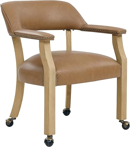Steve Silver Furniture Rylie Silla de comedor tapizada con brazos, silla Captians con ruedas, cuero vegano, ribete de cabeza de clavos,