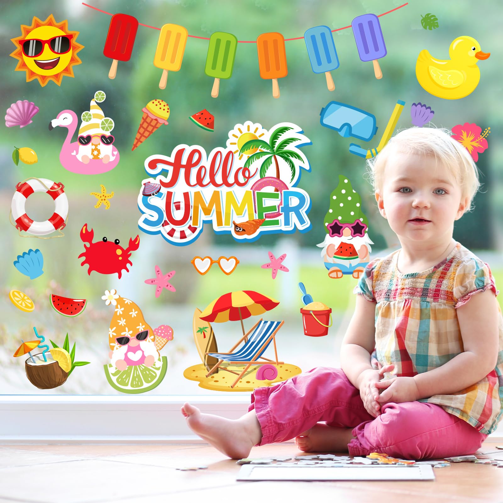 JarThenaAMCS 9 Sheets Hello Summer Window Clings Cartoon Ice Lolly Gnome Beach Sunshine Window Stickers Double-Sided Glass Decals for Home Classroom Office Hawaiian Tropical Party Decor