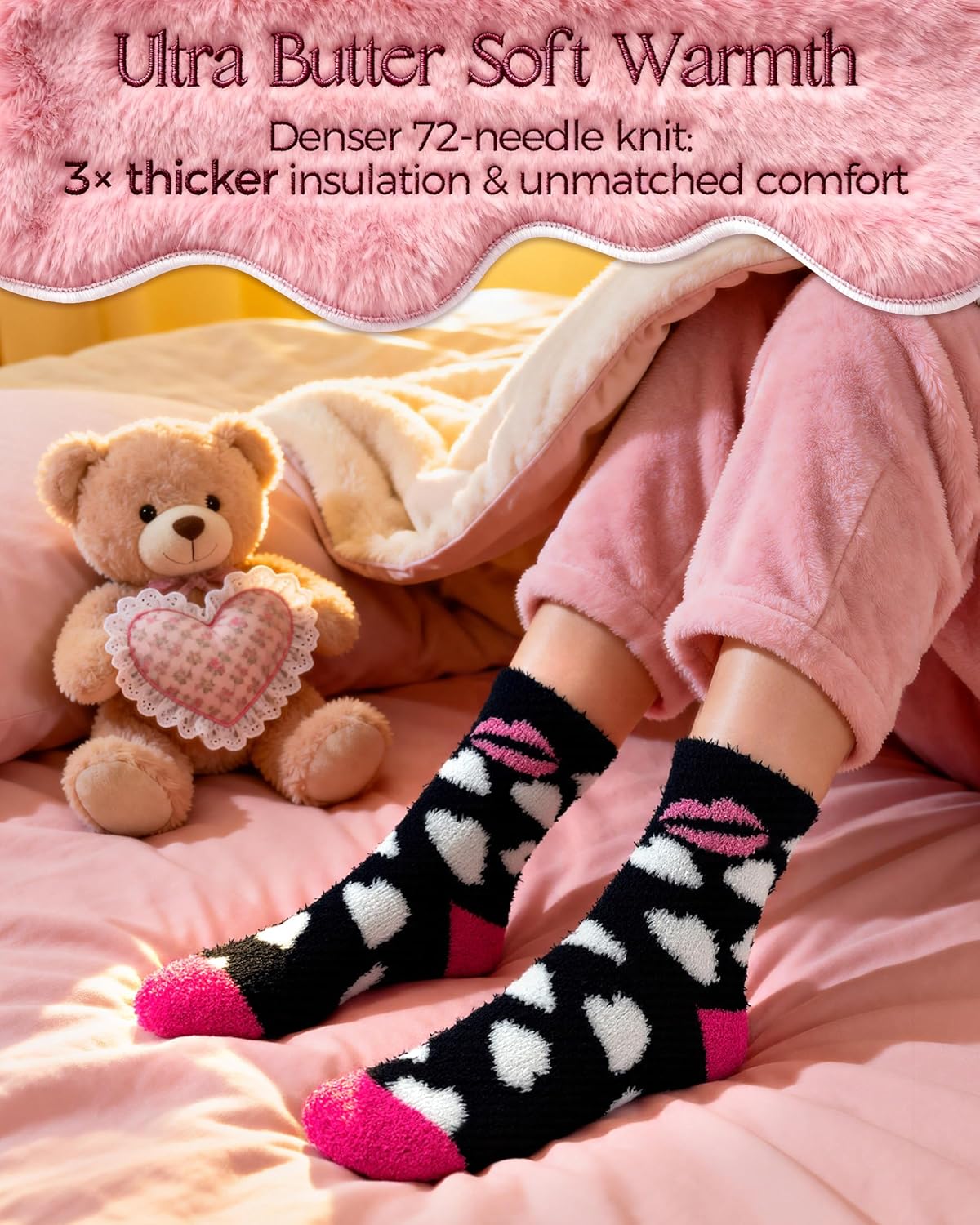 Valentines Day Gifts for Her Buttery Soft Fuzzy Socks for Women, Cozy Warm Fluffy Cute Socks 3 Pairs, Galentines Gifts - Image 4