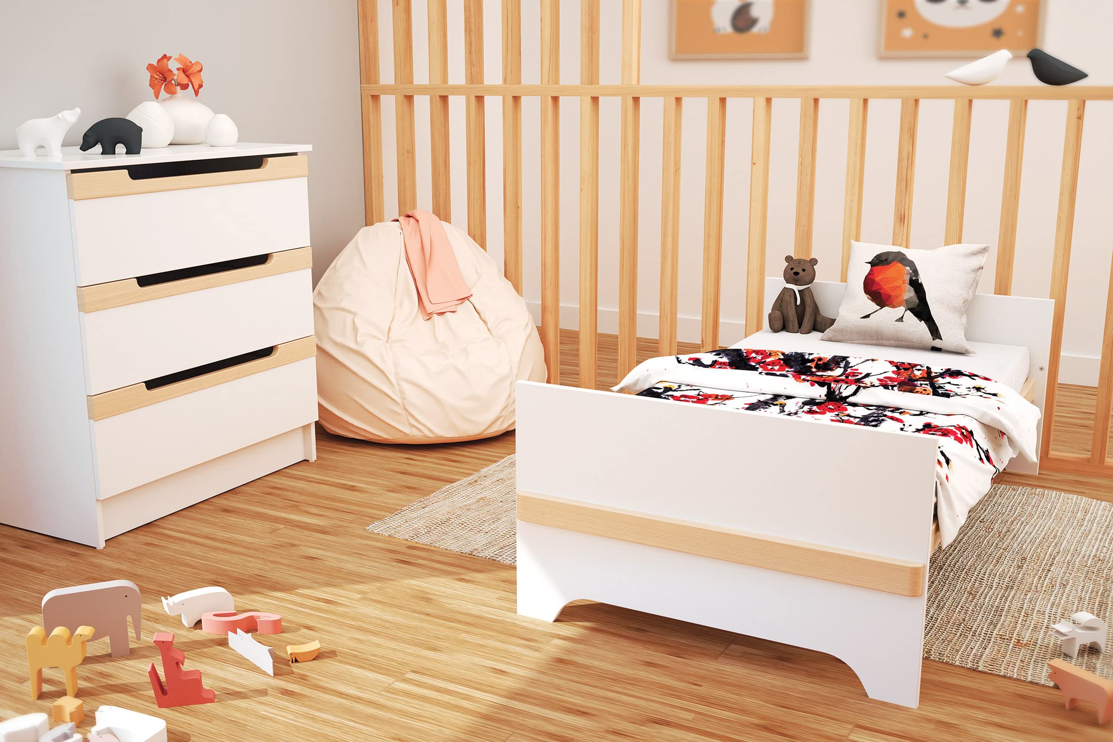 AT4 - Habitación bebé completa CARROUSEL madera - Blanco/Haya Barnizada - 70 x 140-147,5 x 78 x 93,5/79 x 65,5 x 94/51 x 96 x 176 cm