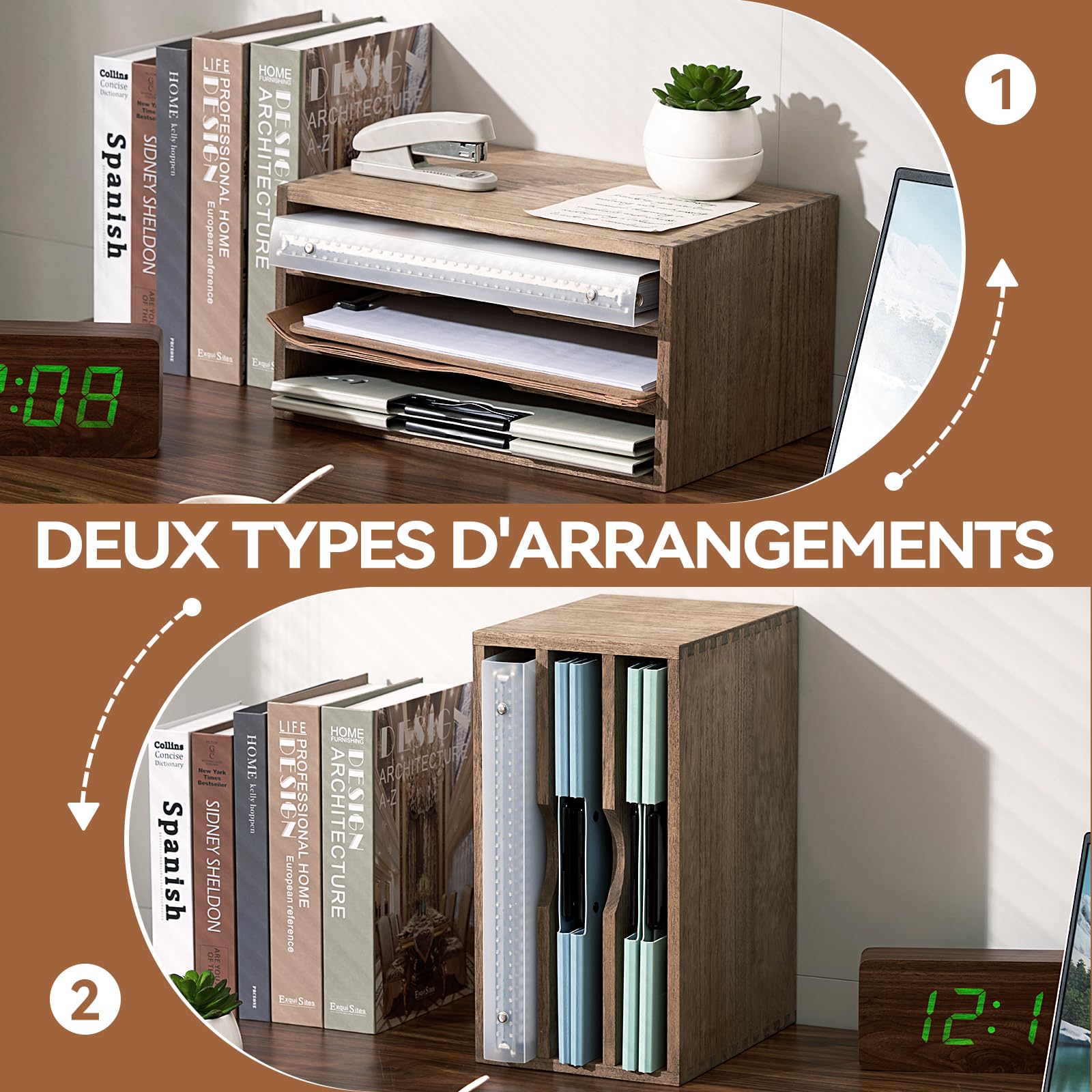 KIRIGEN Organisateur de Bureau en Bois - Armoire de Rangement Jaune-Brun pour Papier, Courrier et Magazines