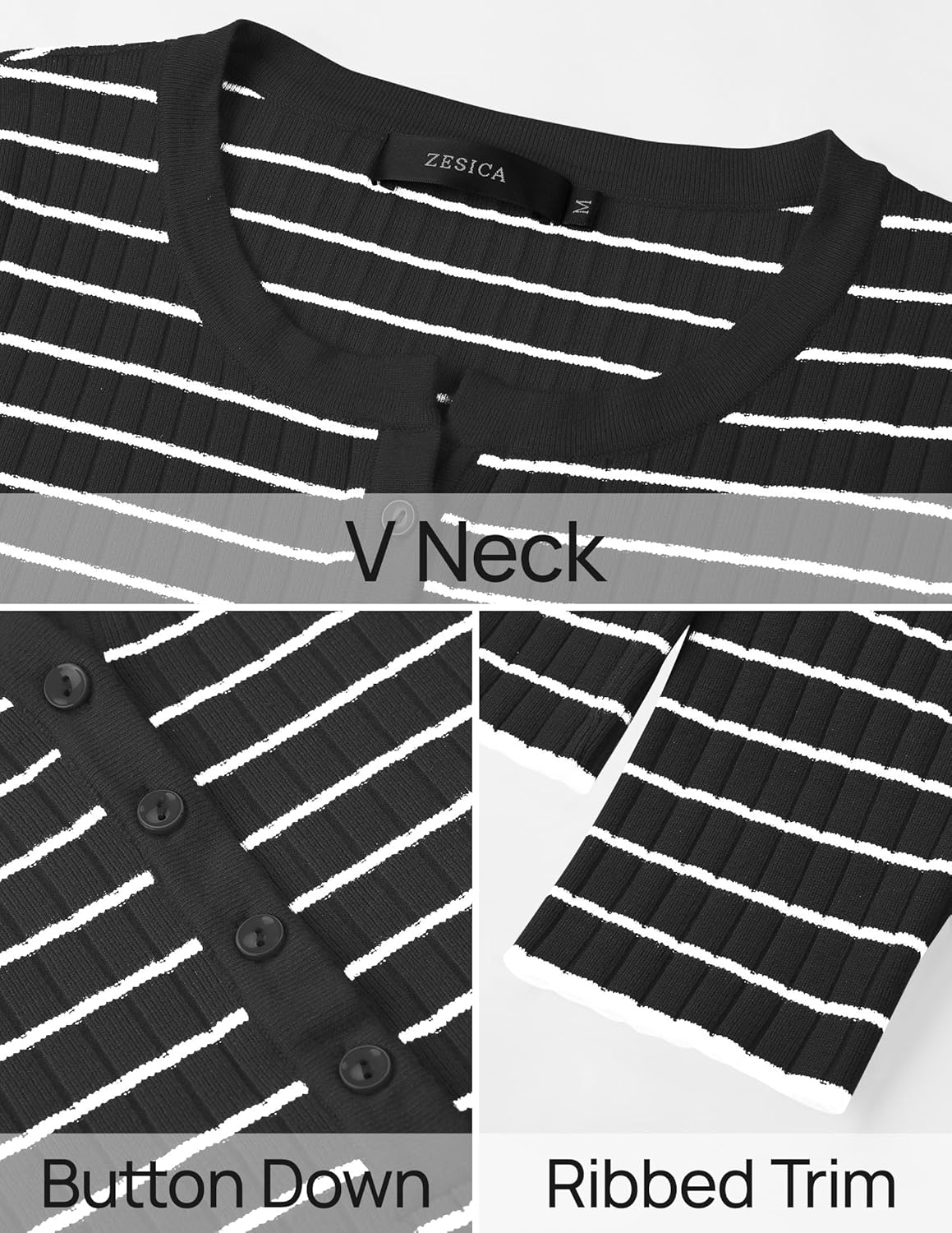 ZESICA Womens Long Sleeve Striped Shirts V Neck Button Up Sweater Casual Loose Basic Tops Trendy Spring Clothes Black Large - Image 5