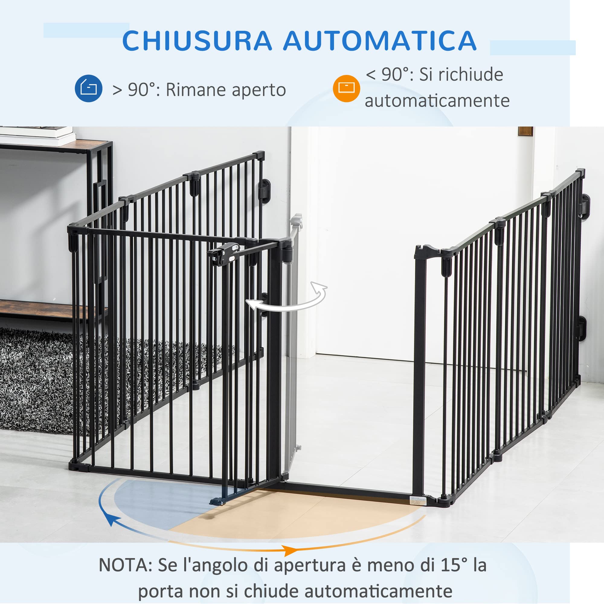 PawHut Cancelletto di Sicurezza Pieghevole 8 Sezioni, Cancellino Barriera per Cani in Acciaio, Sistema di Blocco e Chiusura Automatica, Nero