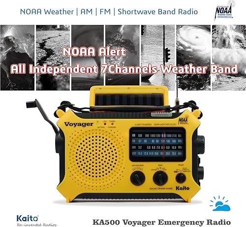 Miniatura 4 de Radio de alerta meteorológica Kaito KA500 de emergencia AMFMSW con 5 funciones Amarillo