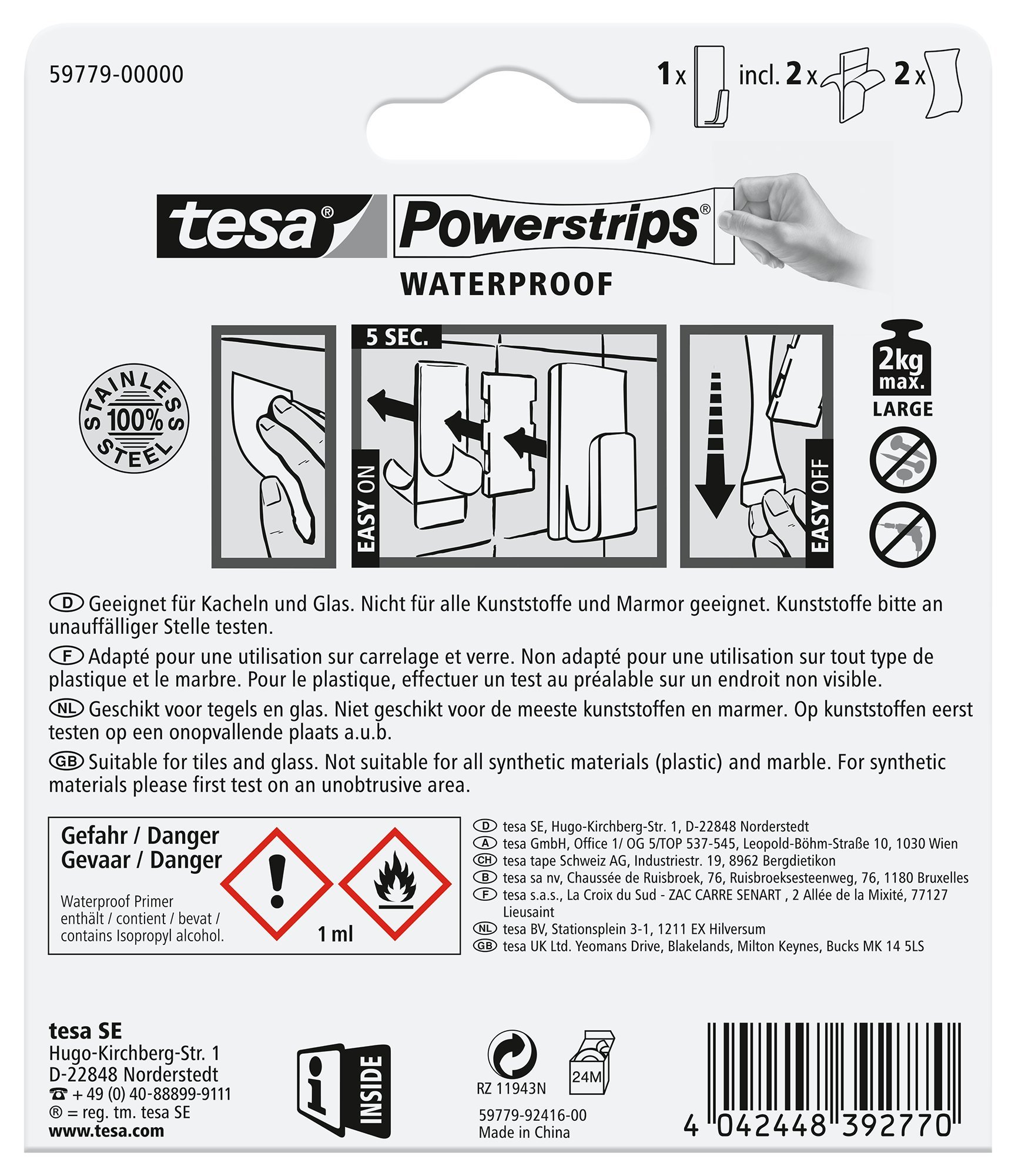 tesa® Powerstrips haczyk samoprzylepny - wodoodporny duży hak samoprzylepny - prostokątny - do kafelków i szkła - obciążenie do 2 kg na haczyk - matowo srebrny - opakowanie 1 szt.