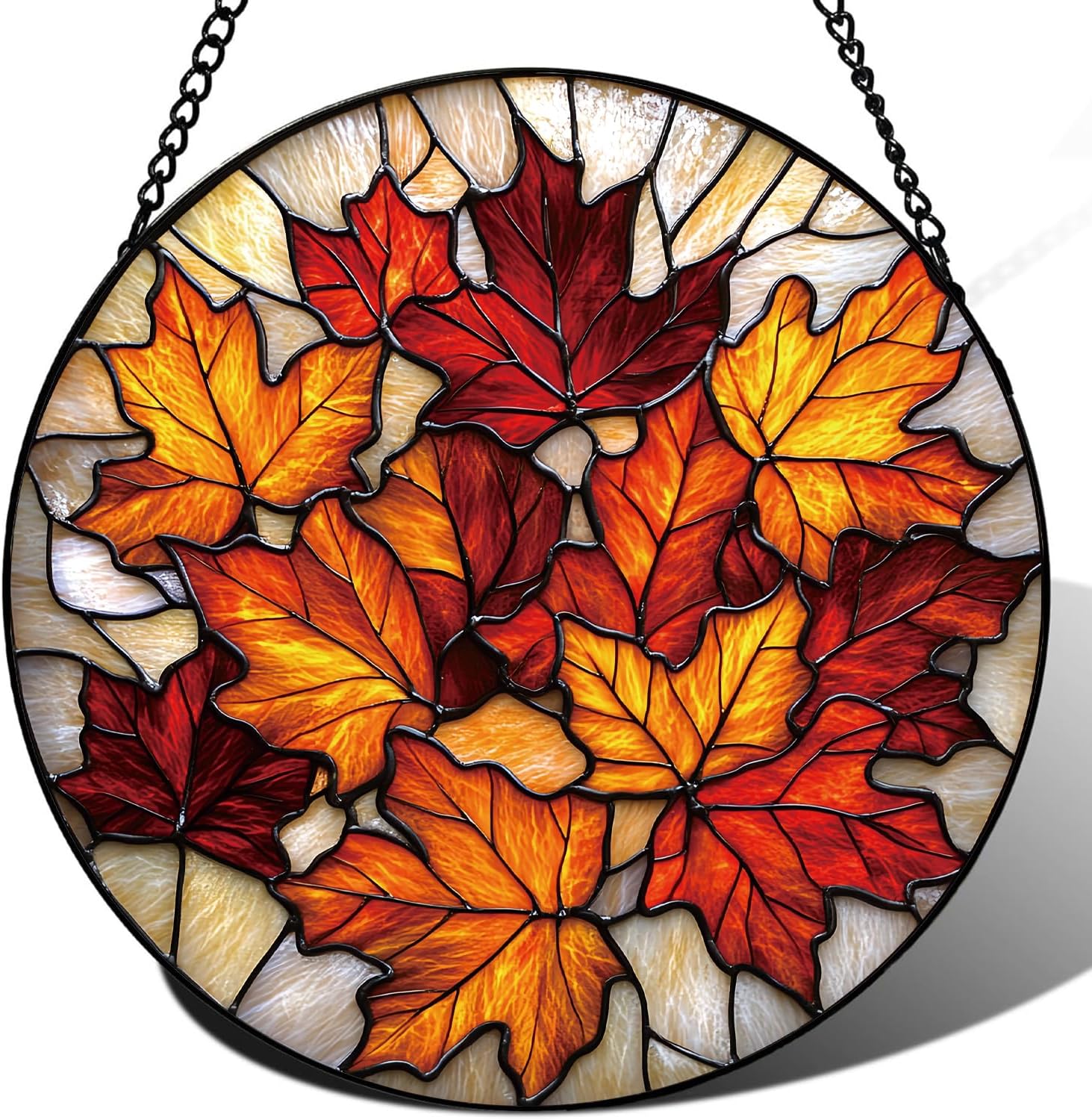 Rustic Autumn Maple Leaves Suncatcher -7.9 in Stained Glass Window Hanging Sun Catcher Garden Decor