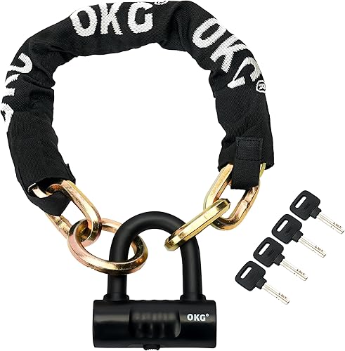 OKG Candado de cadena de motocicleta y cerradura de cadena de bicicleta resistente, 4 llaves, 8 libras, 2.6 pies x 12 pulgadas (0.472 in) de grosor