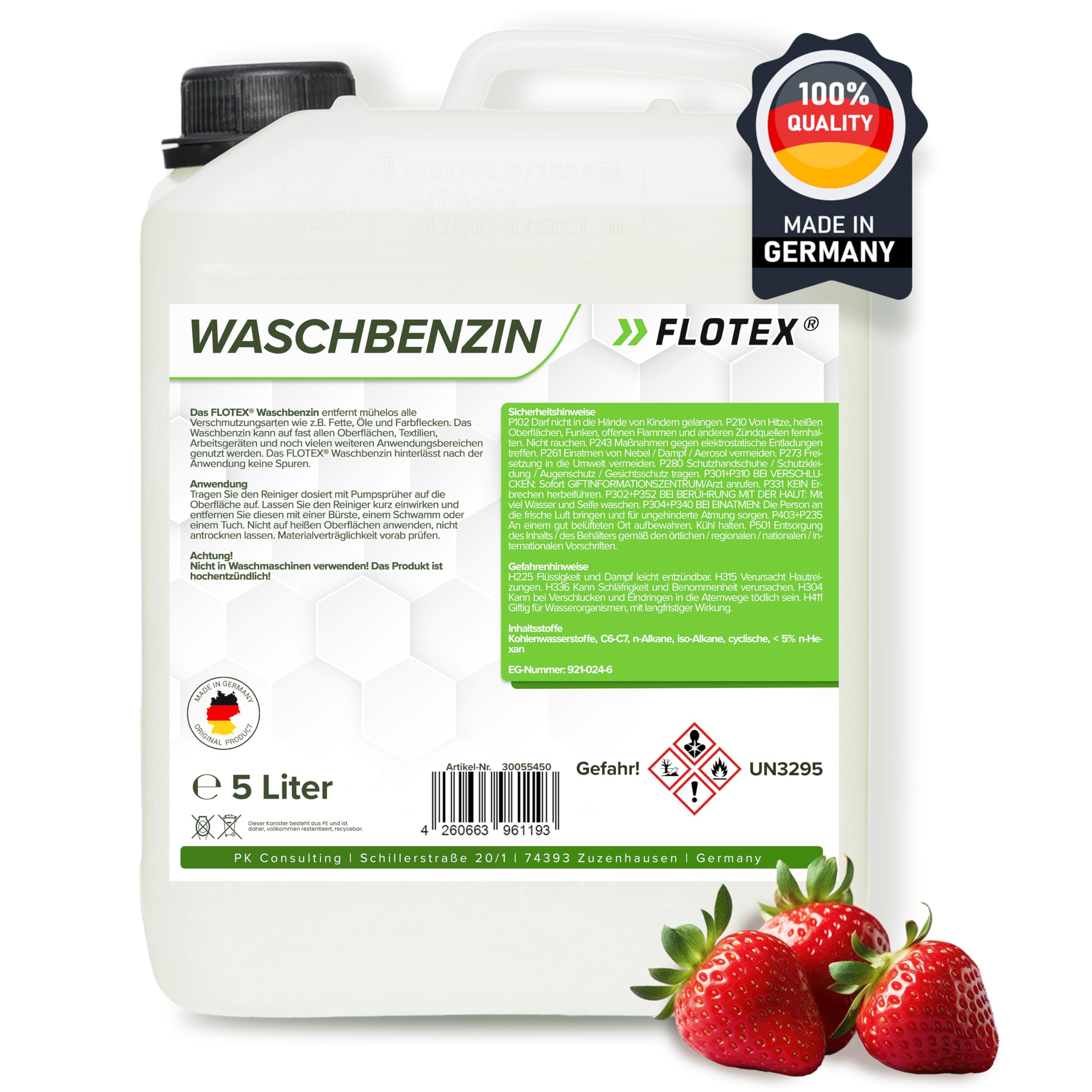 Waschbenzin 5L - Lösungsmittel für Fleckentfernung auf Textil, Kunststoff, Oberflächen & Arbeitsgeräten - Waschbenzin Reinigungsbenzin - Benzin Reiniger