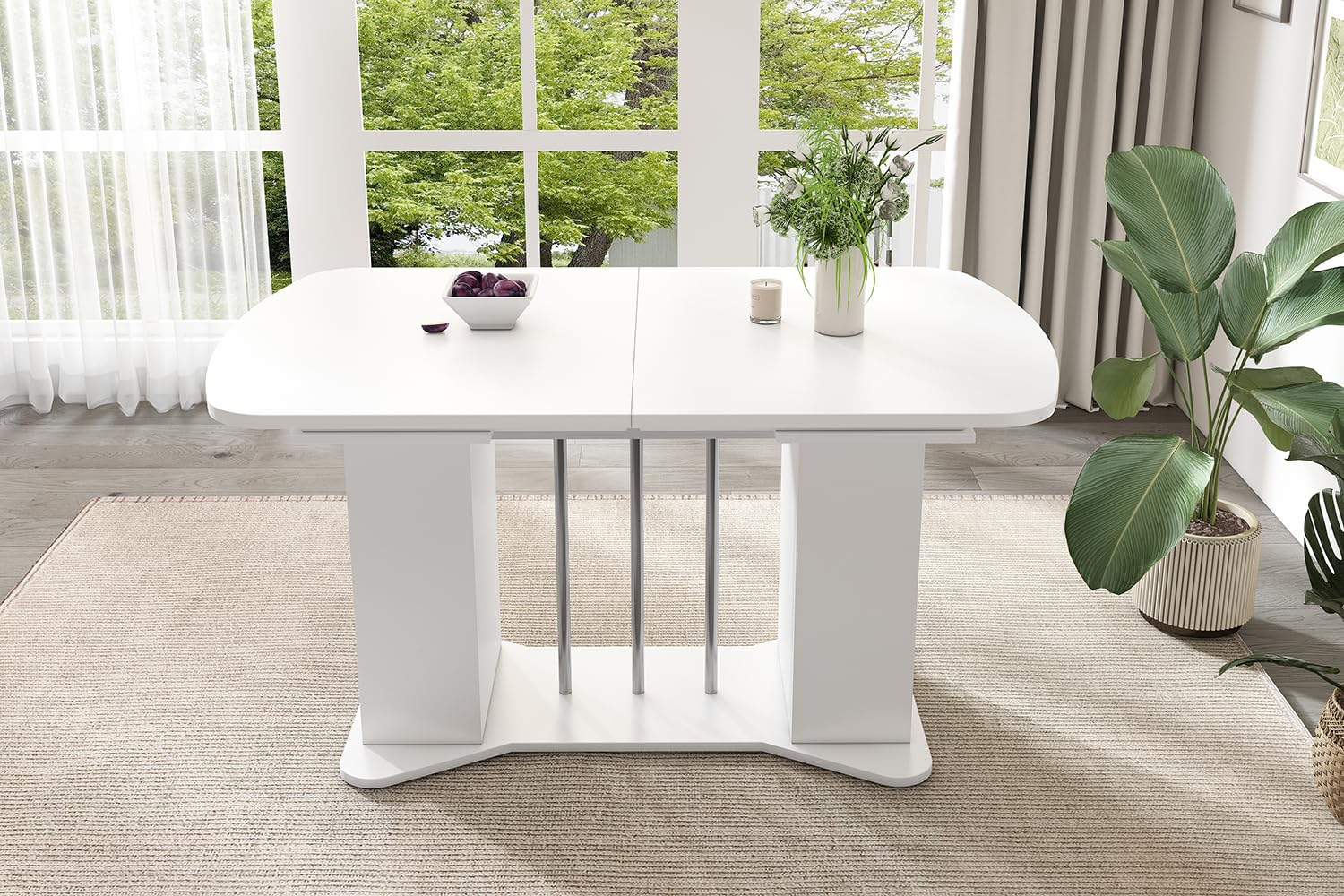 Tavolo da pranzo allungabile, 120-160 cm, con vano portaoggetti, gambe argentate, bianco, per 4-6 persone, in MDF