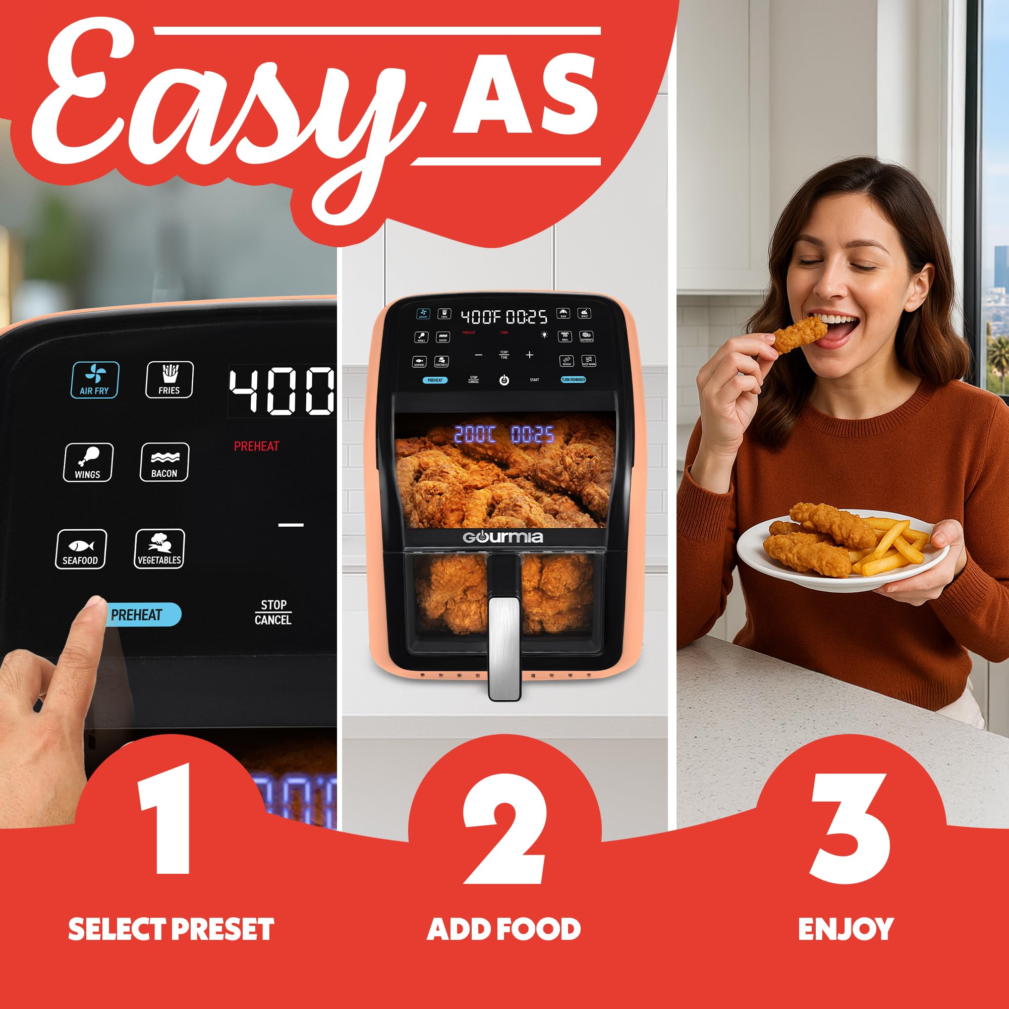 Gourmia Air Fryer 7 QT - Easy View Panoramic Window & Interior Light, Guided Cooking with 12 One-Touch Presets, FryForce 360, Dishwasher Safe Accessories, Peach - Additional View