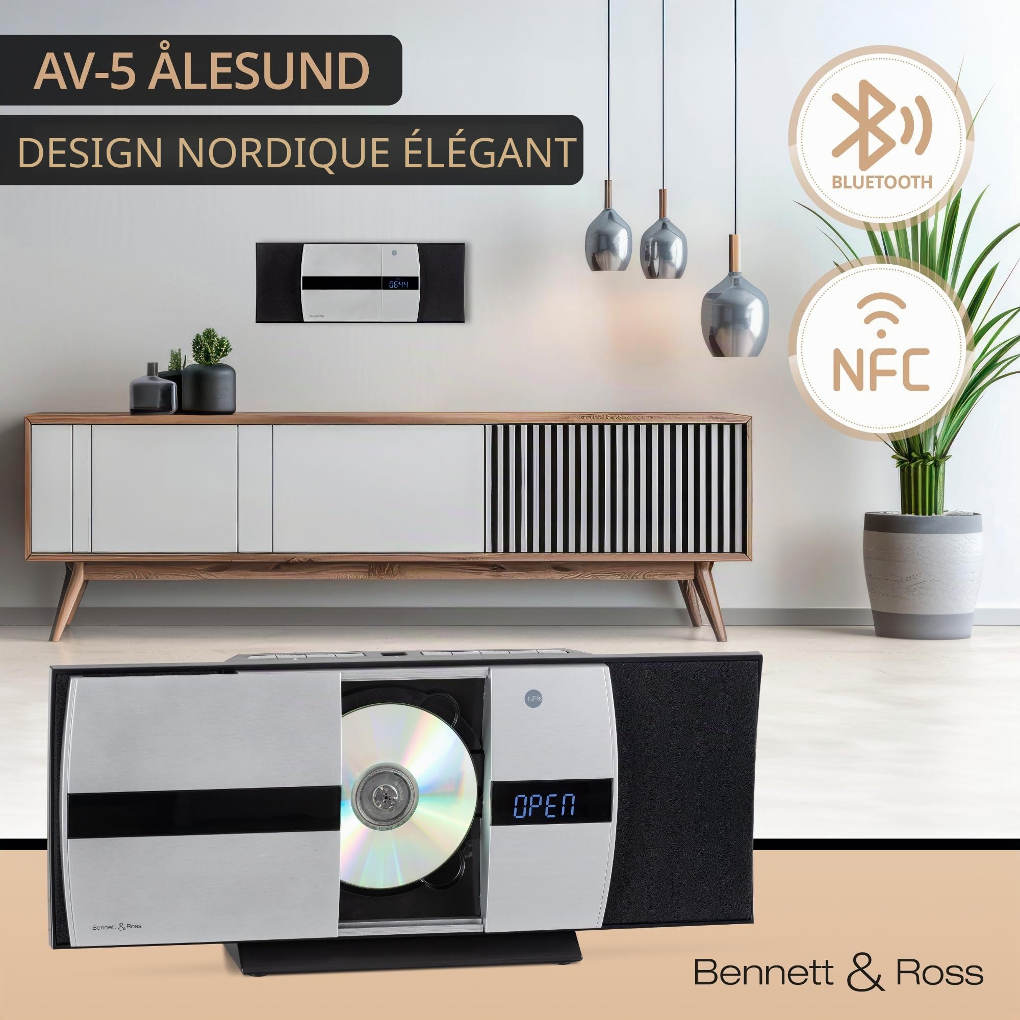 Bennett & Ross Ålesund Microchaîne hi-fi avec lecteur CD, MP3, UKW, USB, Bluetooth NFC - Installation murale ou sur pied - Argenté
