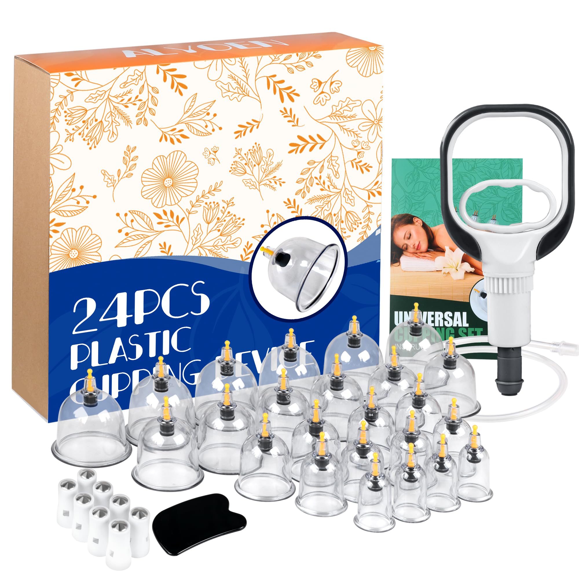 24 Stück Schröpfgläser mit Vakuumpumpe, Schröpfset für Gesicht und Körper, Cupping Set aus Kunststoff mit Akupressurpunkt Magneten & faszienschaber, Schröpfen zur Gegen Spannung & Entspannen Muskeln