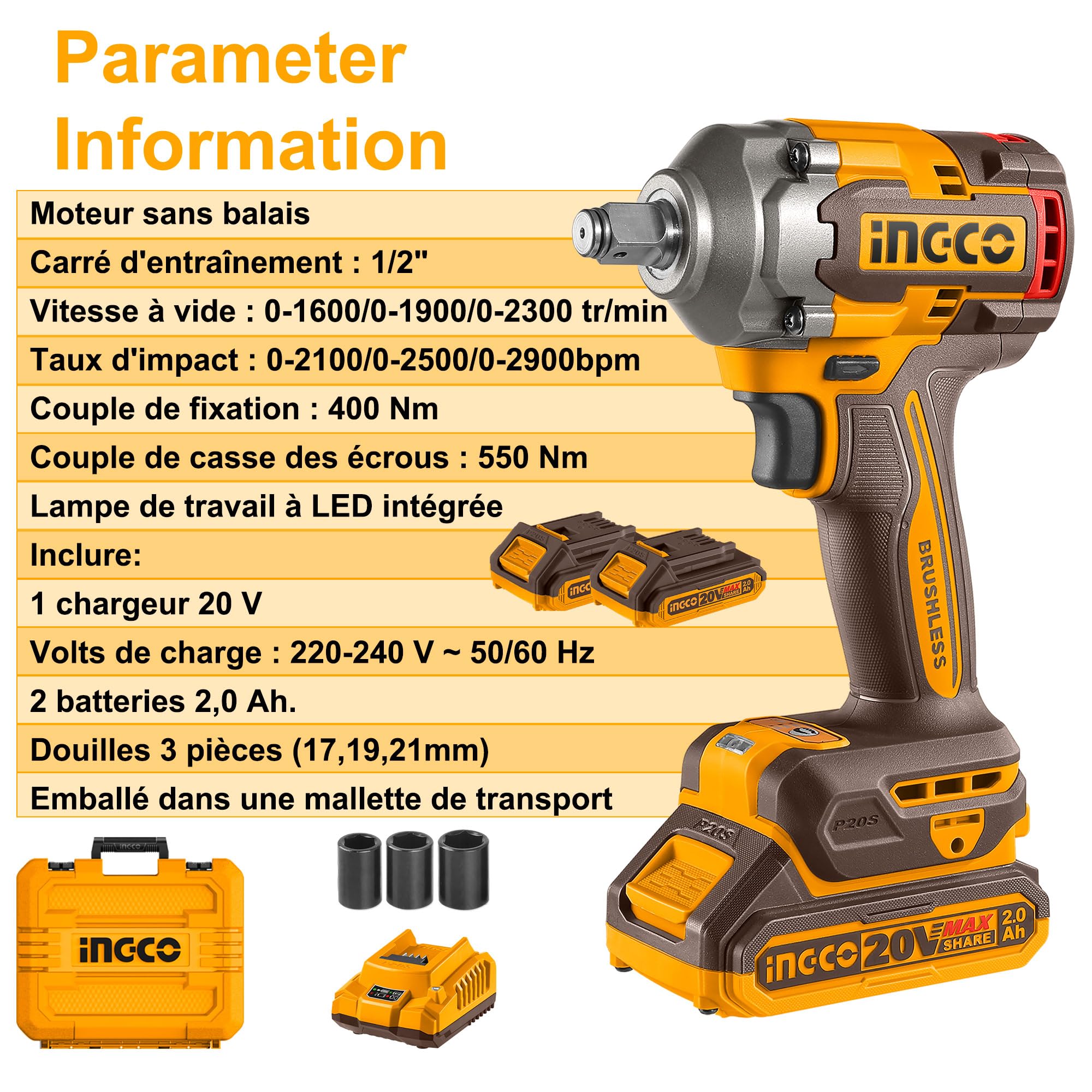 Ingco 20 V llave de choque inalámbrica sin escobillas 400 NM atornillador eléctrico inalámbrico 2300 rpm, con 2 baterías 2,0 Ah, 1 cargador CIWLI2040