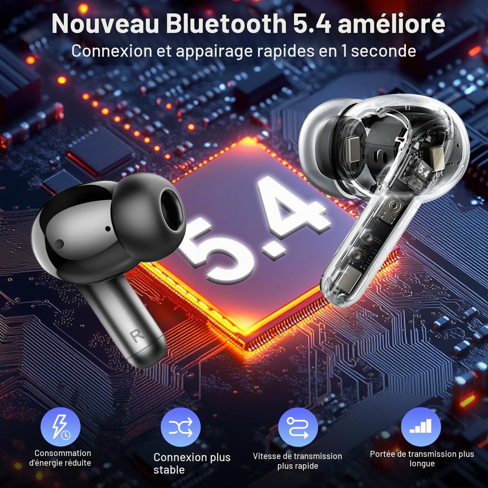 Ecouteurs Bluetooth, Ecouteurs Bluetooth sans Fil 5.4, Réduction du Bruit ENC, Son Hi-Fi Stéréo, 36H Autonomie, Écran LED, Écouteurs Sport Etanches IPX7, USB-C, Ecouteurs Sans Fil pour iOS/Android