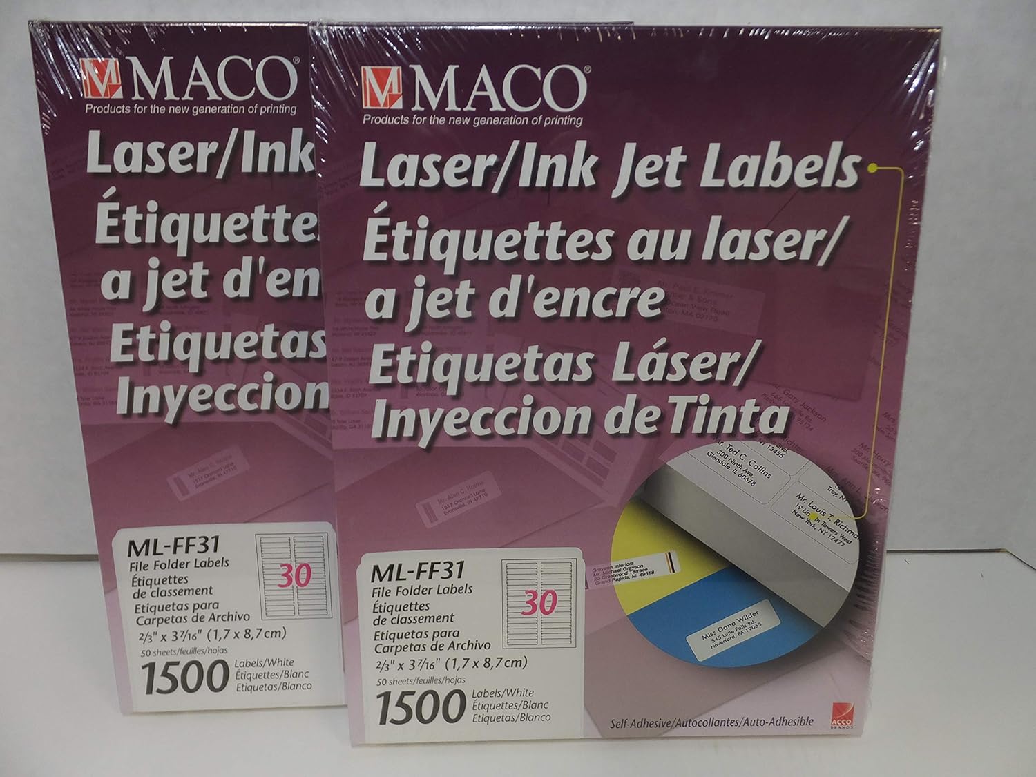 MACO Laser/Ink Jet White File Folder Labels, 2/3 x 37/16 Inches, 30