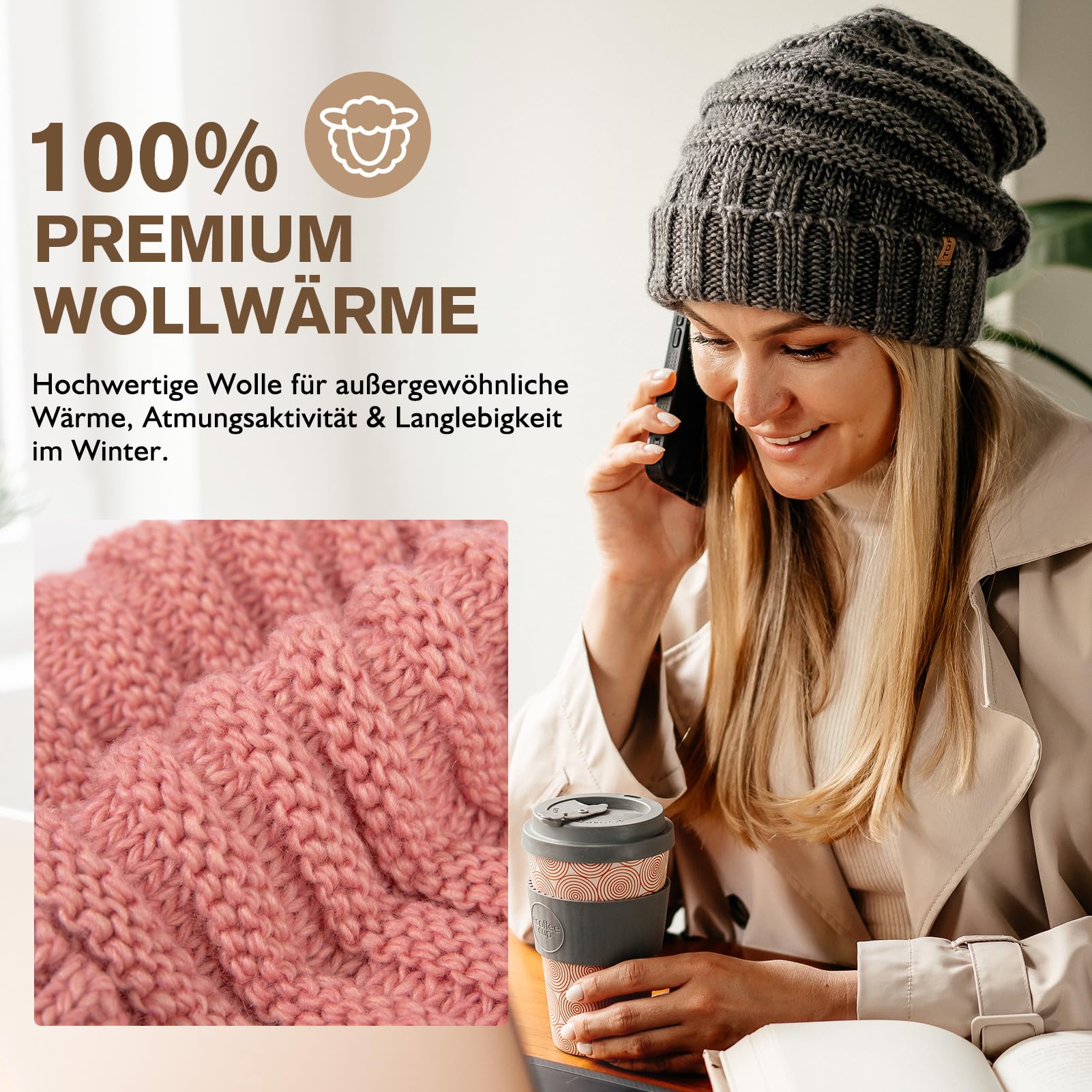 TOP-EX M/L/XL 100% wełna Slouch Beanie damska ciepła czapka zimowa czapka dzianinowa z podszewką polarową