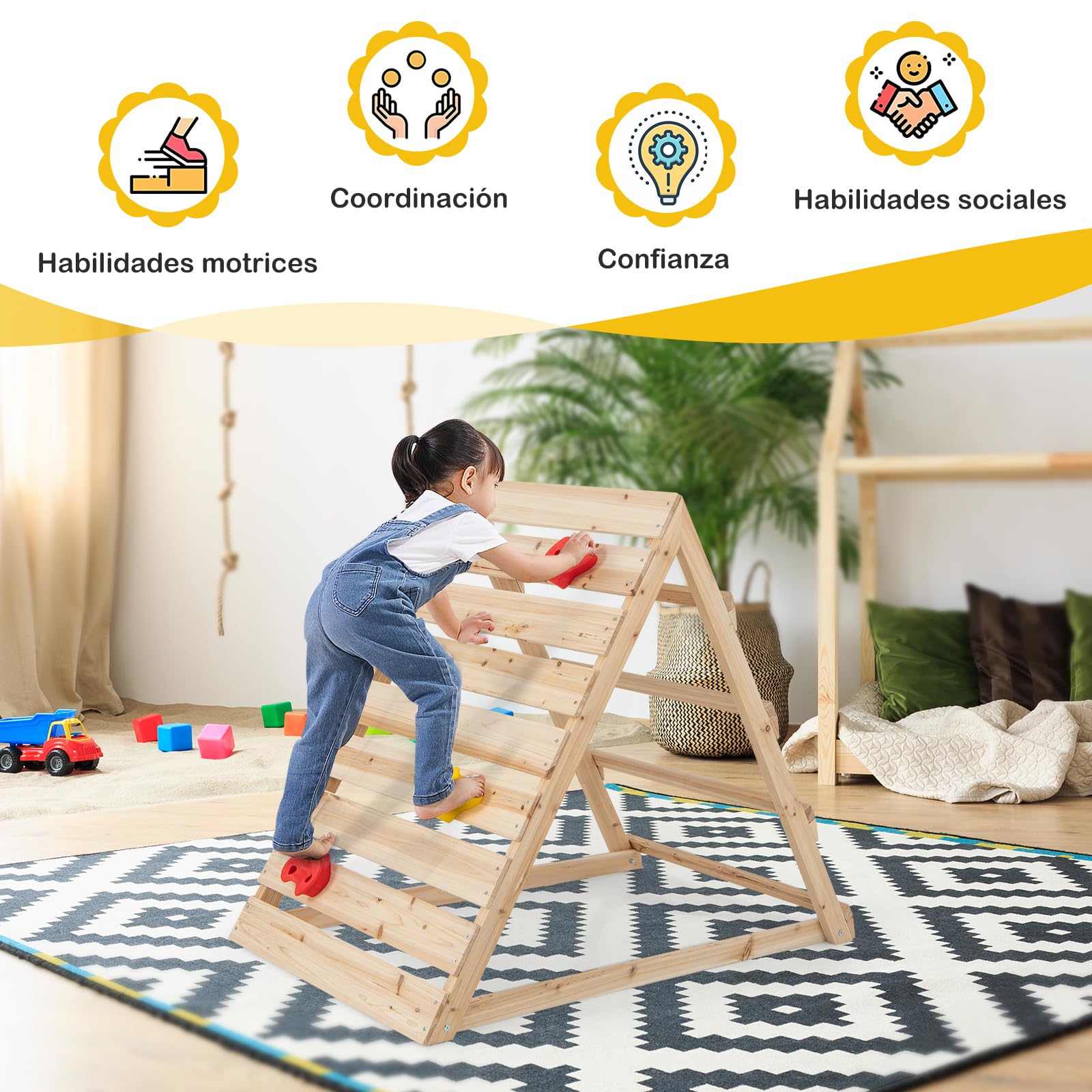 COSTWAY Triángulo Escalada para Niños, Escalador Triangular de Doble Cara con Coloridas Rocas y Escaleras para Escalar, Triángulo de Aprendizaje Montessori para Niños de 3-8 Años, Natural