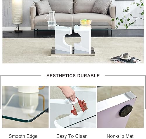 Miniatura 5 de Mesa de centro rectangular de cristal, mesa de centro moderna de vidrio templado transparente para sala de estar, base blanca