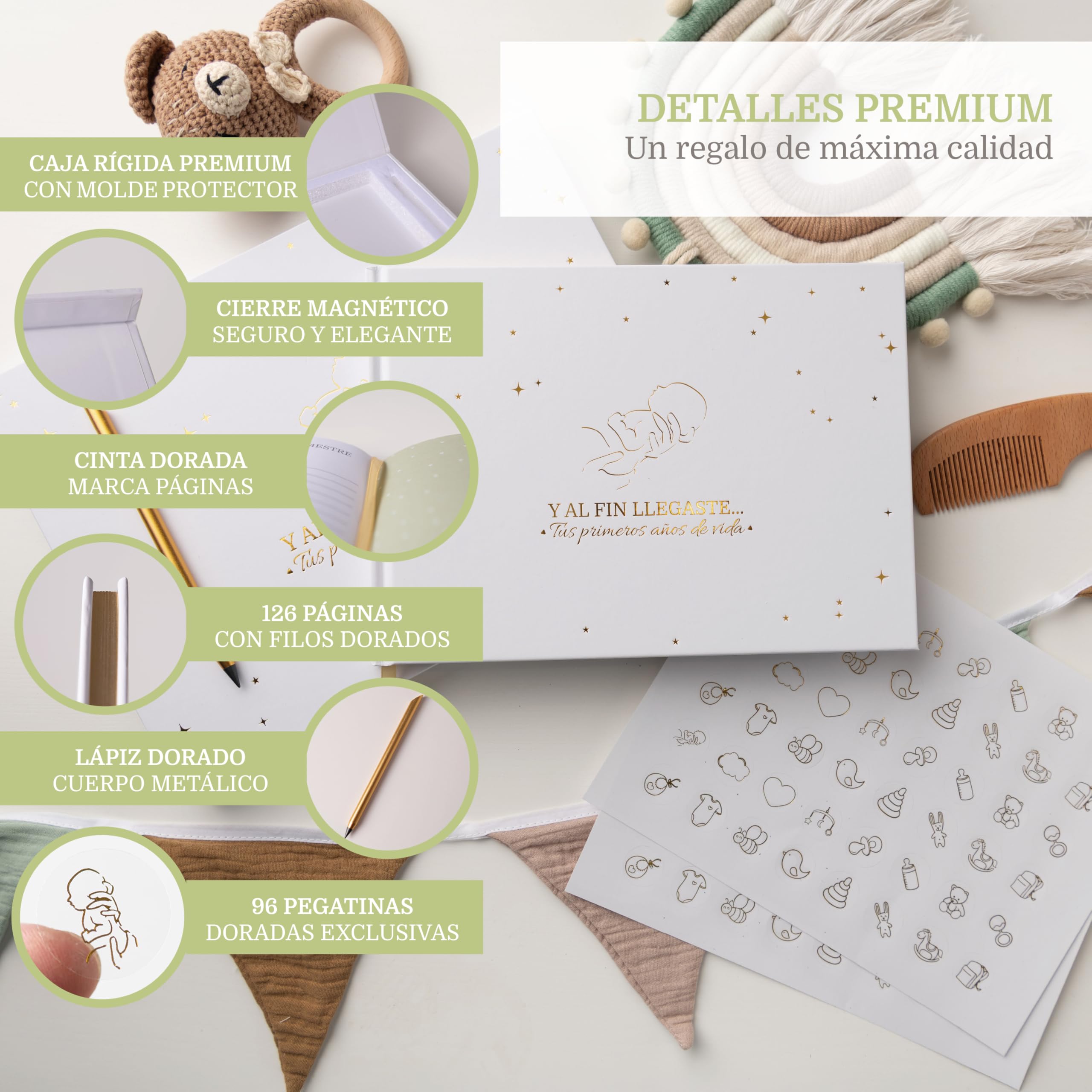 Album Fotos Bebe Primer Año + Lápiz Metálico + Caja Regalo con Cierre Magnético + Pegatinas | Libro Recuerdos Bebe | Album Bebe Recien Nacido hasta los 5 Años (Español)