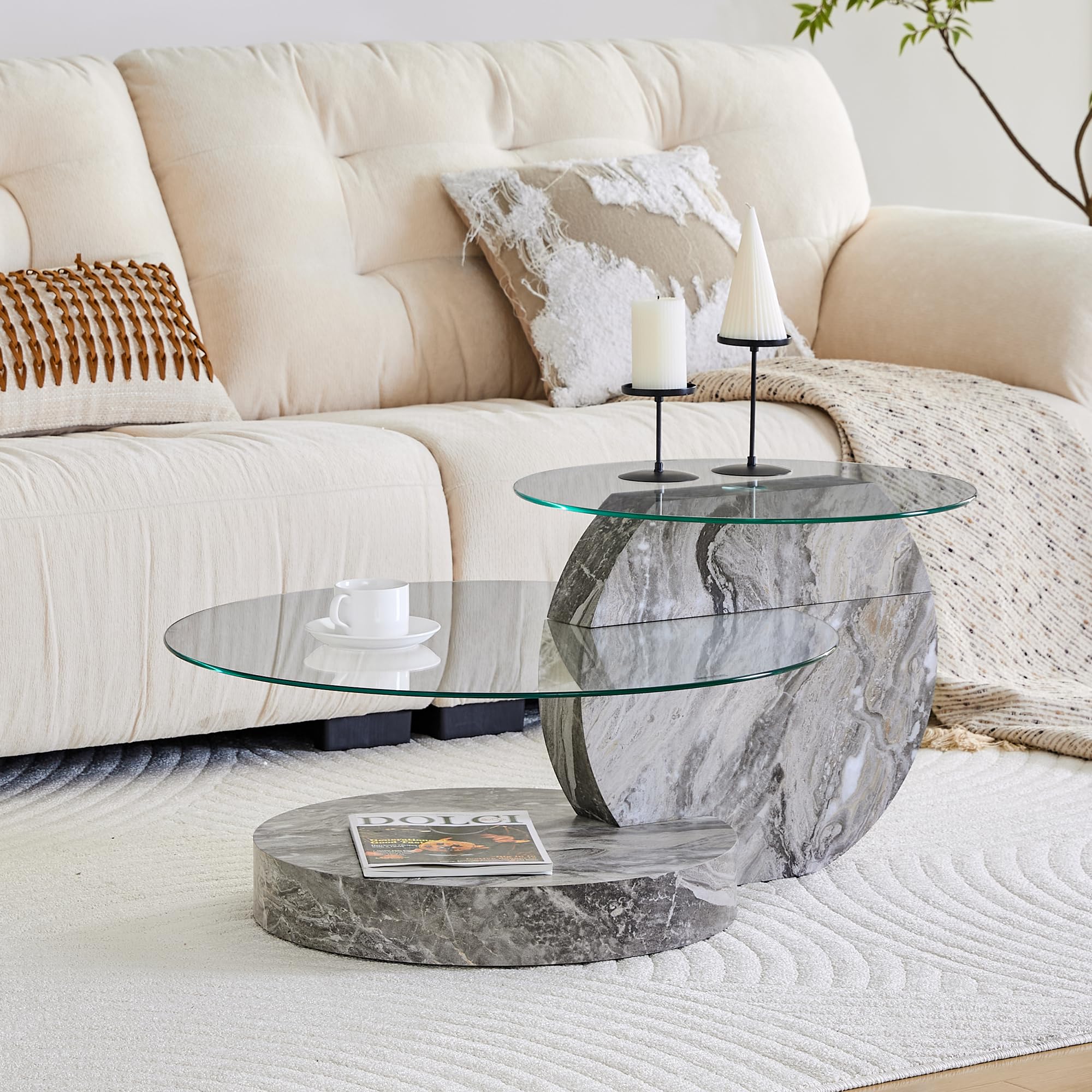 Couchtisch Rund Glas mit 2 Ebenen, Zweistufiger Beistelltisch Glas, Moderner Kaffeetisch mit MDF Holzgestell, Doppelter Glastisch für Wohnzimmer Büro, Stabiler Sofatisch, Einfache Montage, Grau Küche, Haushalt & Wohnen