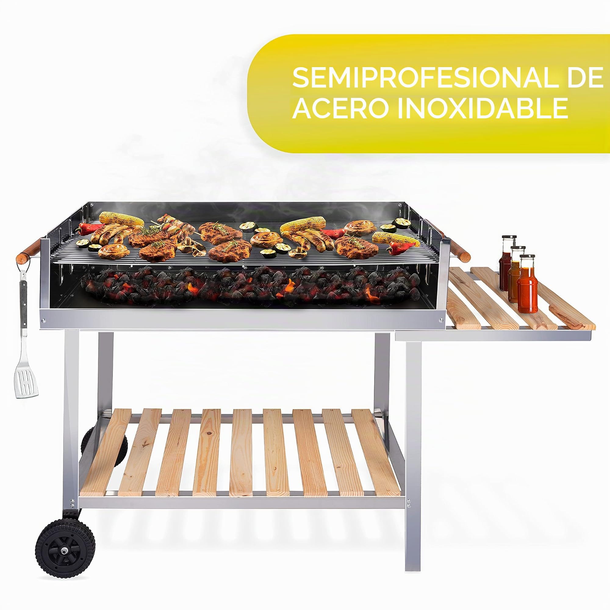 BBQ Collection Barbacoa de Carbón - Carrito con Mesa Lateral - Parrilla sobre Ruedas - Acero Inoxidable - 2 Parrillas - 98 x 56 x 85 CM